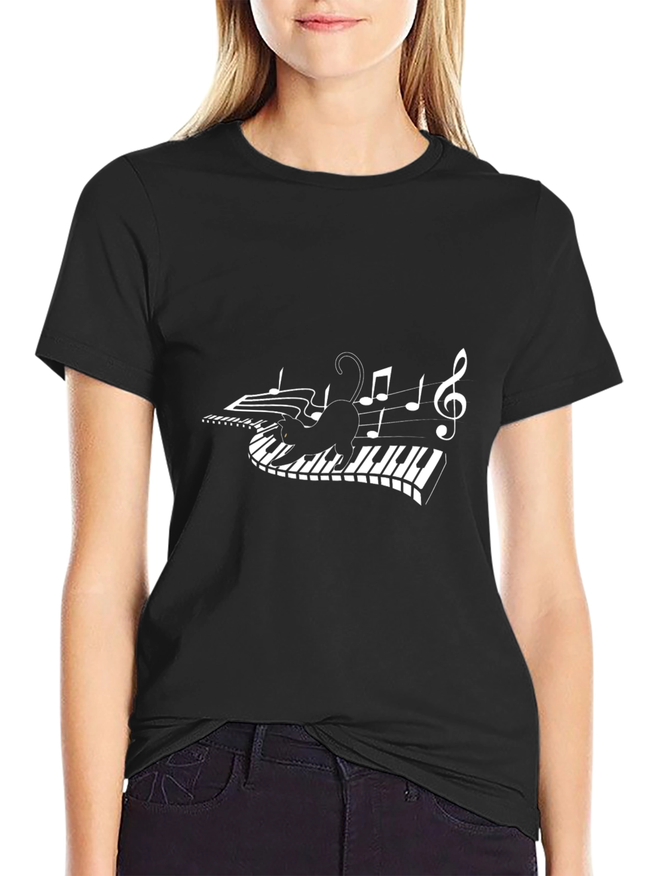 Musical Cat T-Shirt - Piano Keys & Notes Design