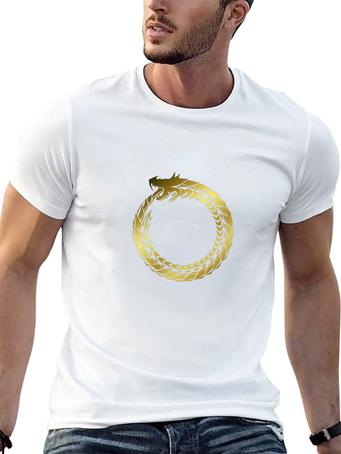 Ouroboros Dragon Tee - Gold Serpent Circle Design