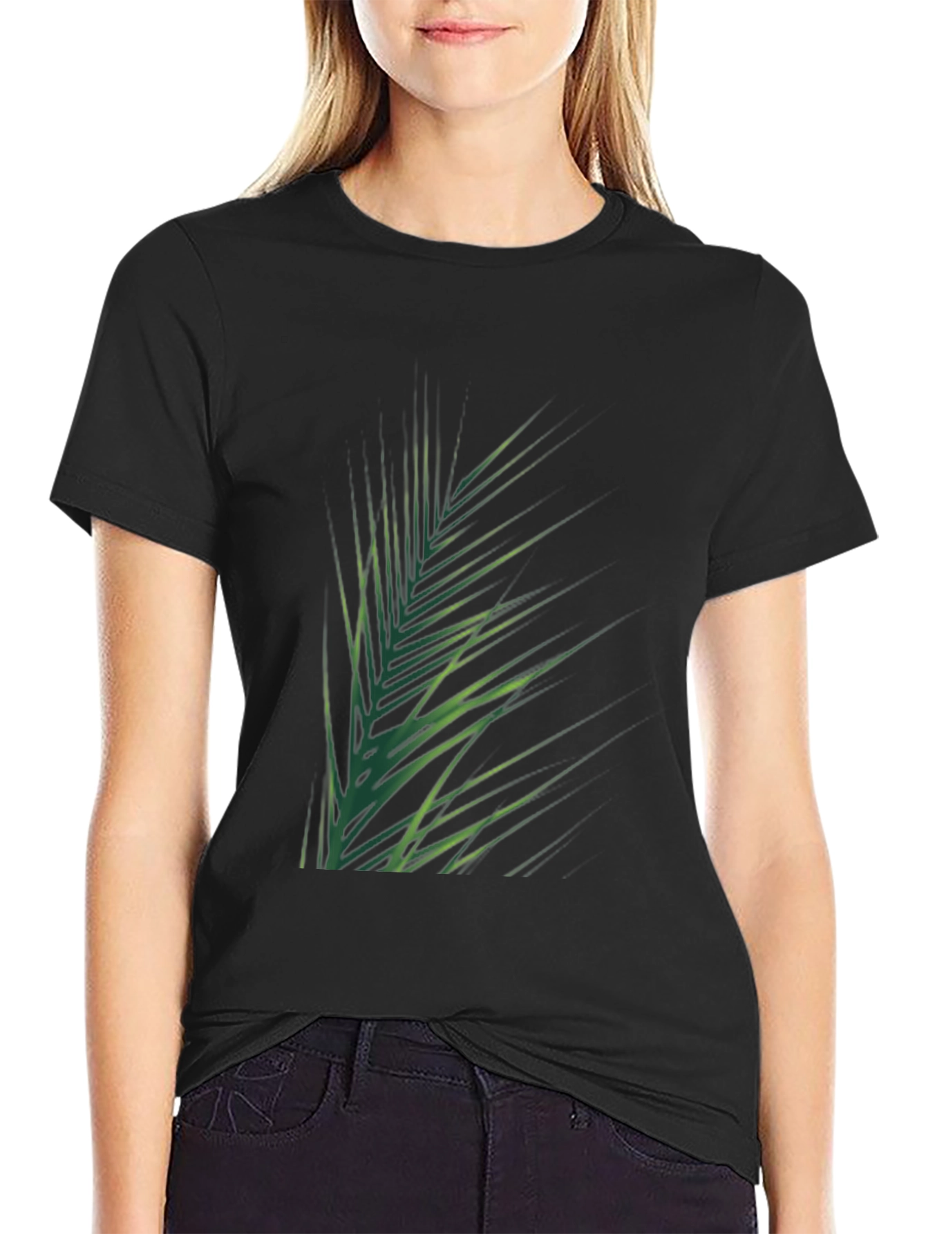 Tropical Green Palm Leaf Print Black T-Shirt