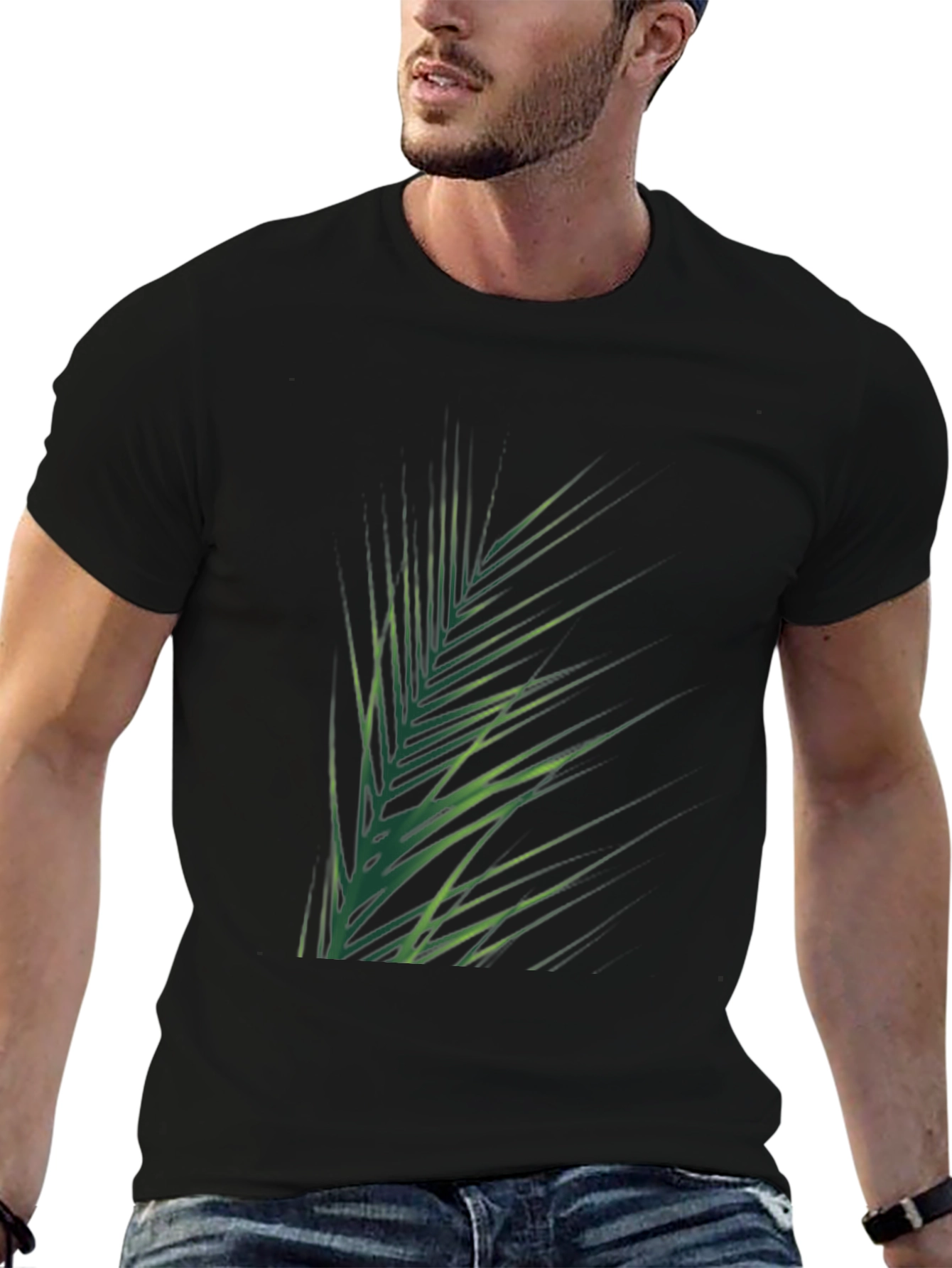 Tropical Green Palm Leaf Print Black T-Shirt