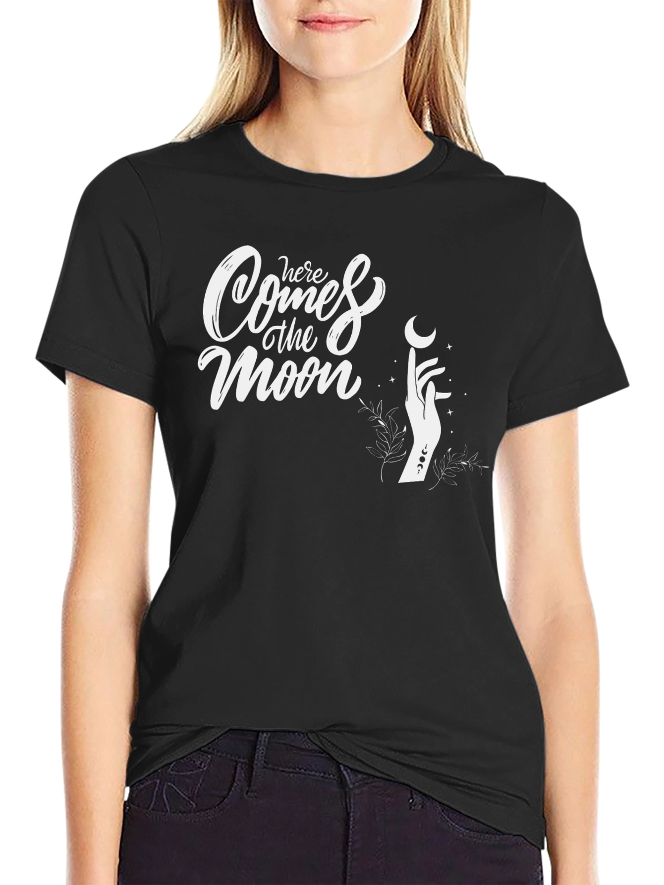 Here Comes the Moon Black Graphic T-Shirt