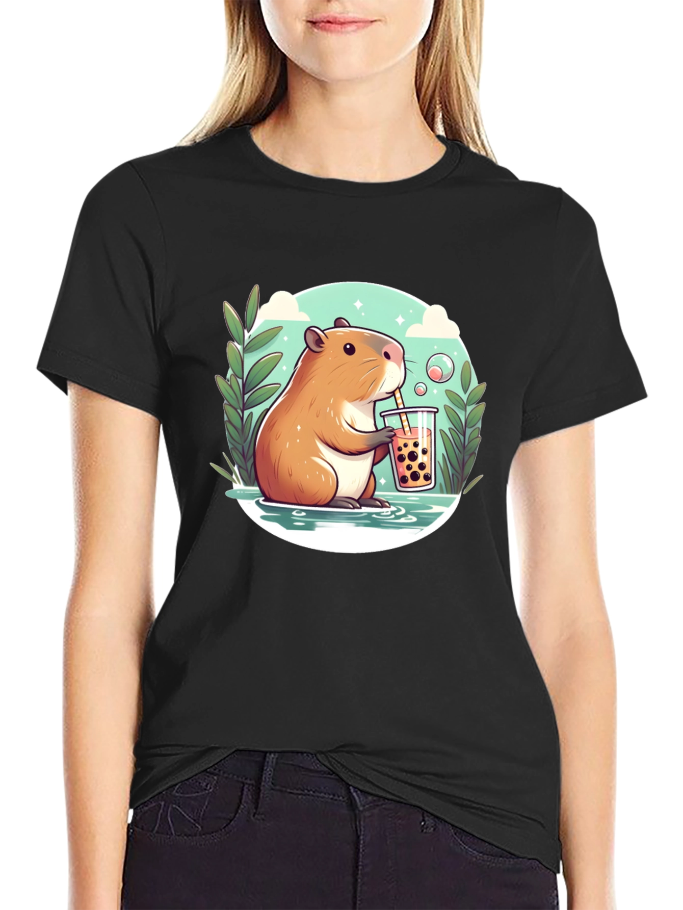 Capybara Bubble Tea Graphic Tee - Black