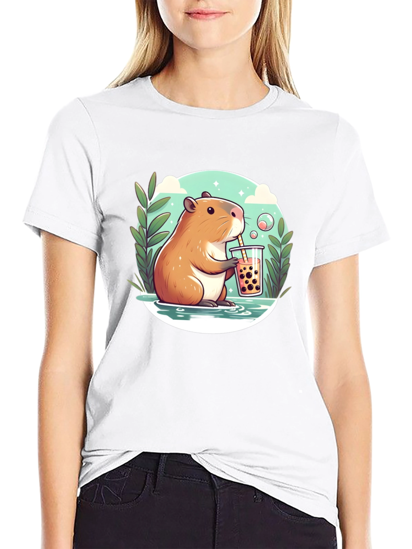 Capybara Bubble Tea Graphic Tee - Black