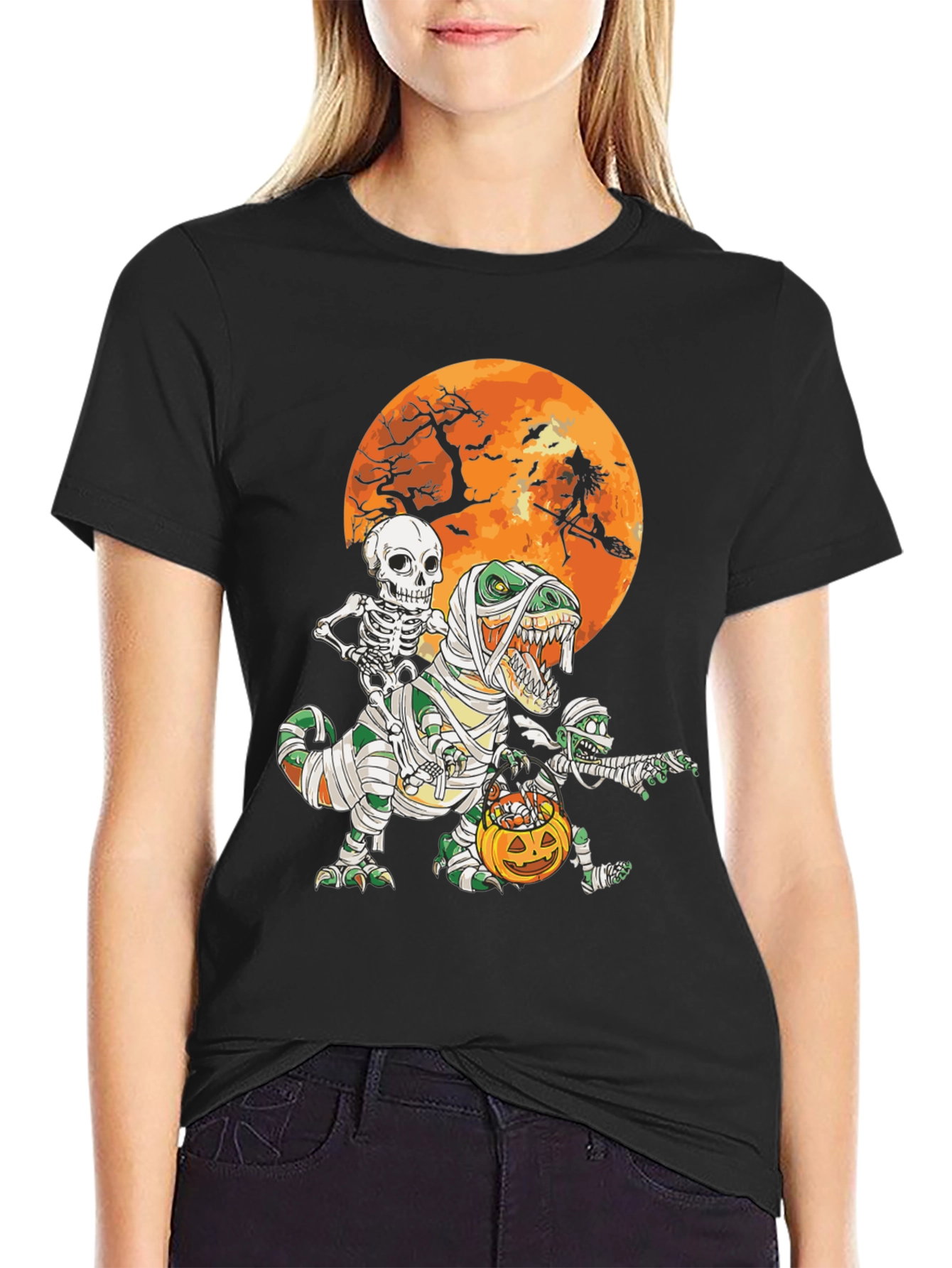 Halloween T-Rex Mummy Skeleton Witch Tee
