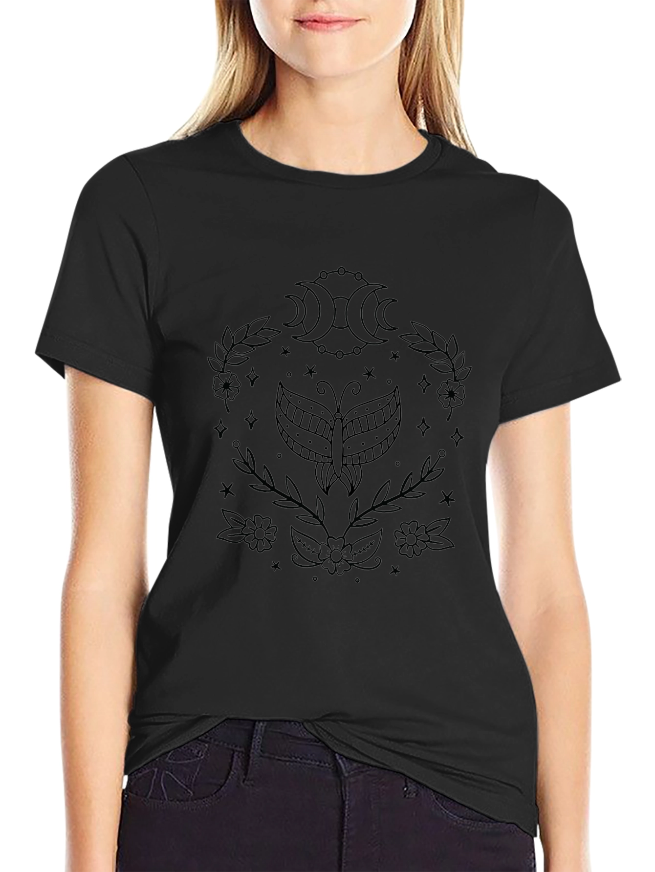 Celestial Butterfly Graphic Tee - Black Cotton Blend