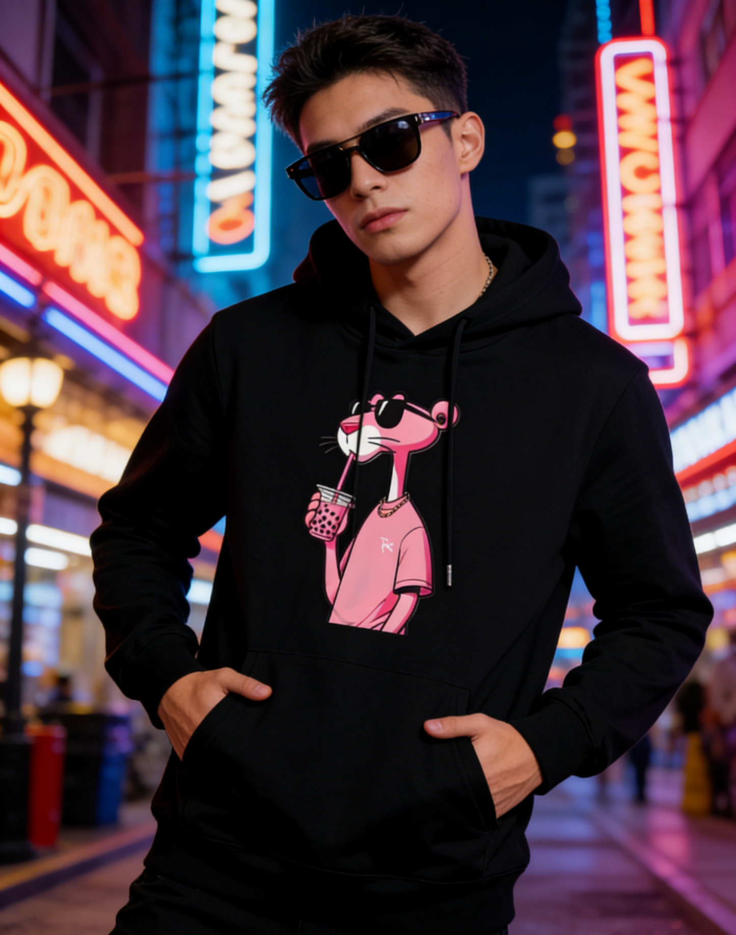 Hip-Hop Pink Panther (Gold Chain) Black Hoodie