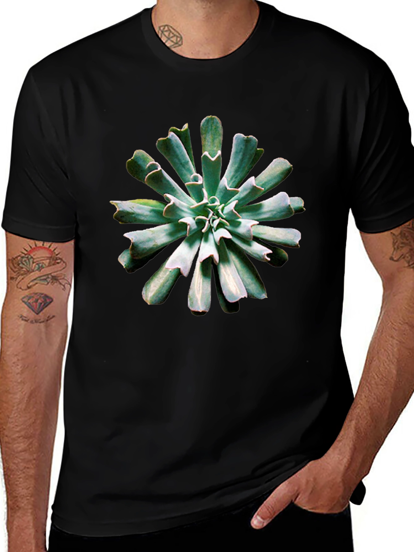 Succulent Print Black T-Shirt