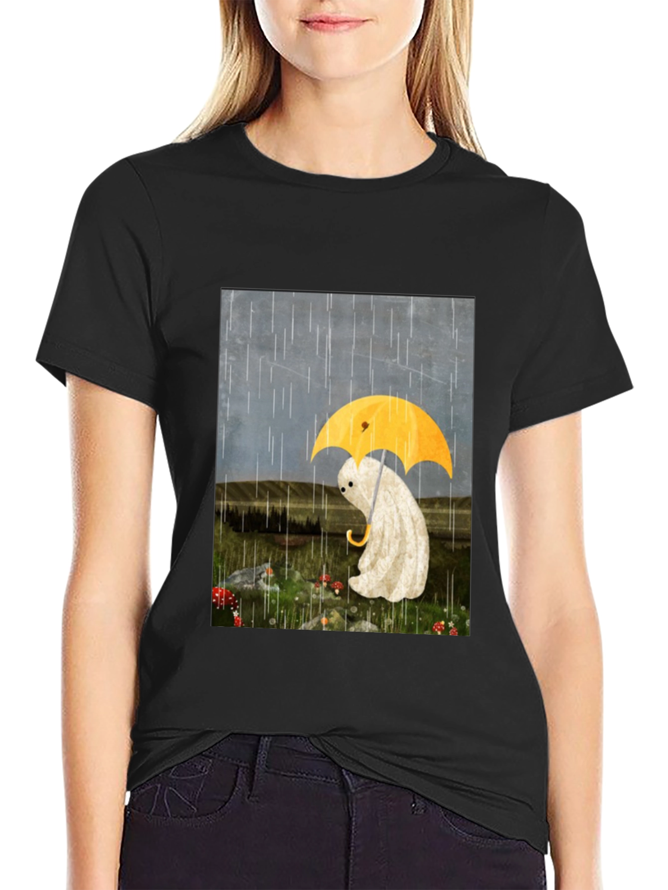 Sad Ghost Under Umbrella Graphic Tee