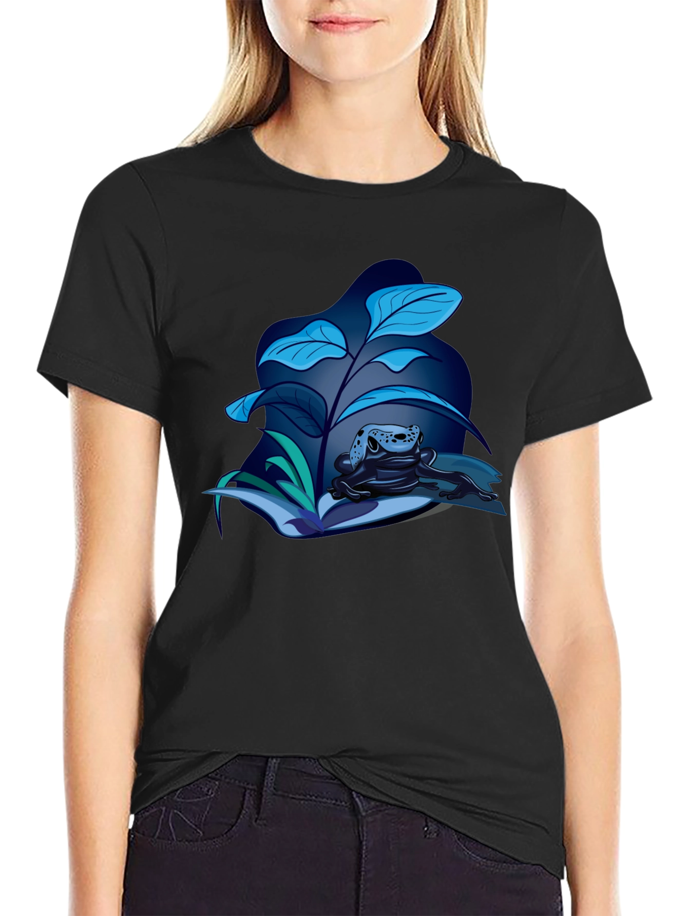 Frog and Foliage Graphic Tee - Stylish Black T-Shirt