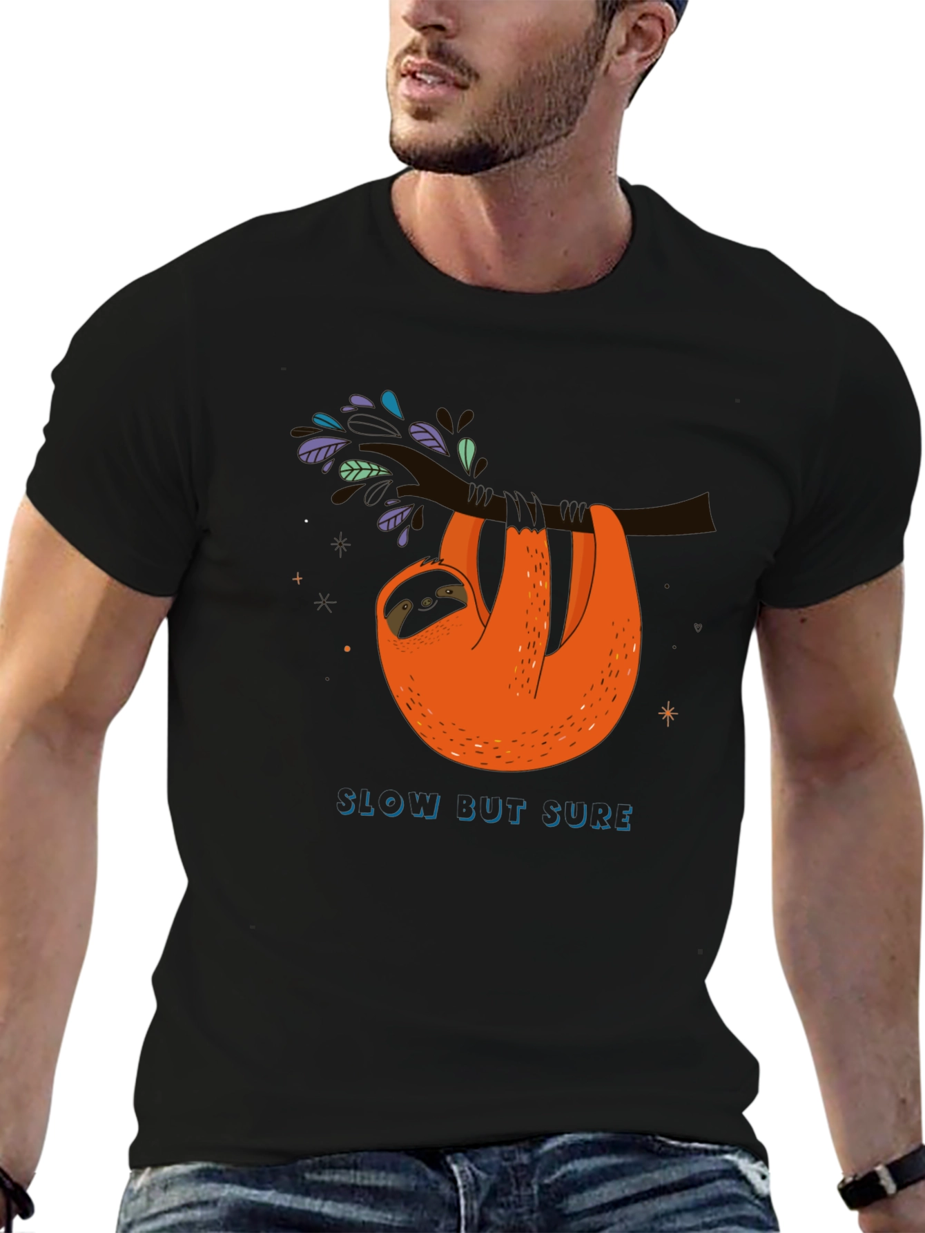 Slow But Sure Sloth Graphic Tee - Black