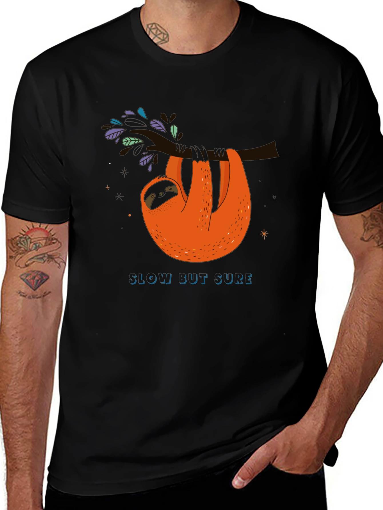 Slow But Sure Sloth Graphic Tee - Black