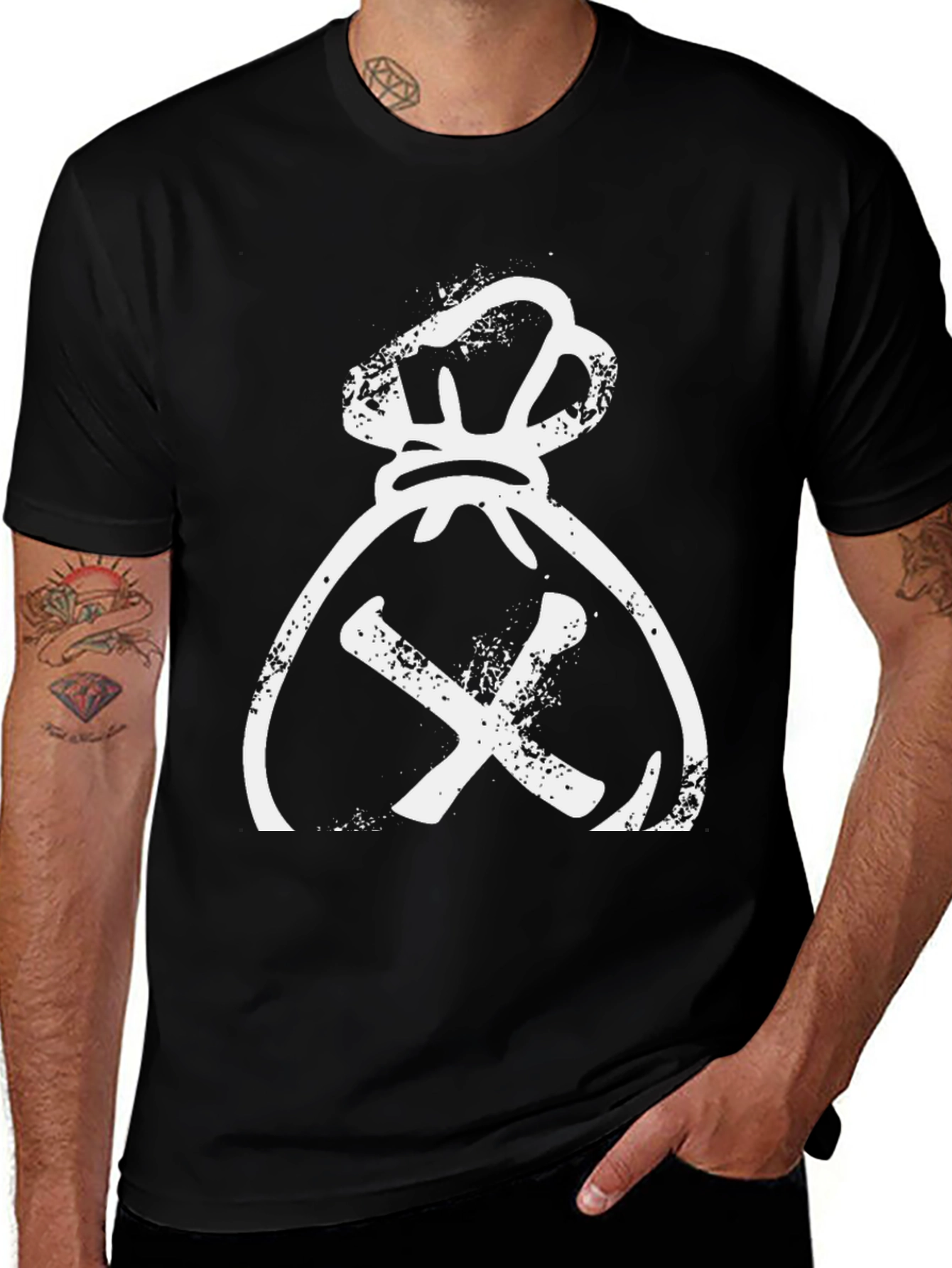 Distressed Money Bag Graphic Tee - Black Cotton T-Shirt