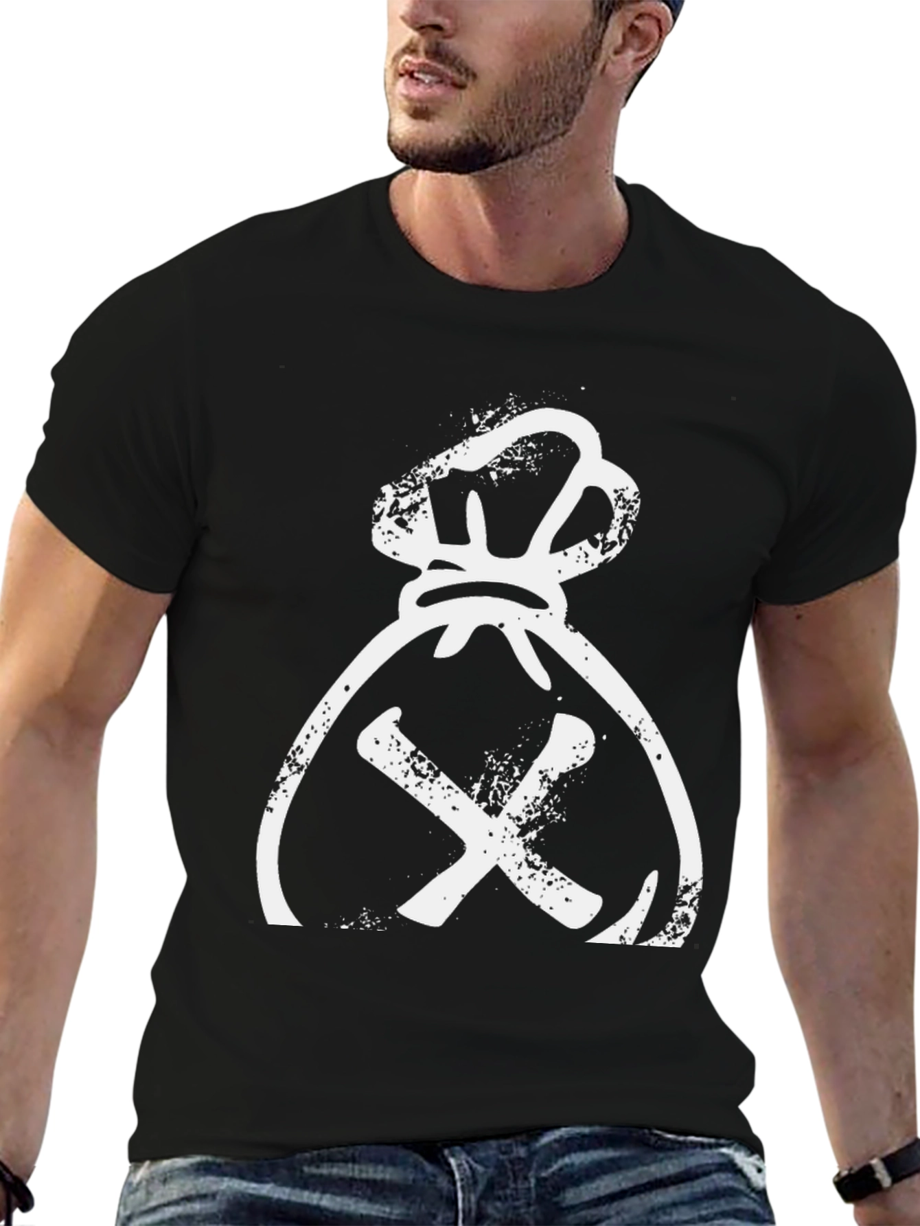 Distressed Money Bag Graphic Tee - Black Cotton T-Shirt