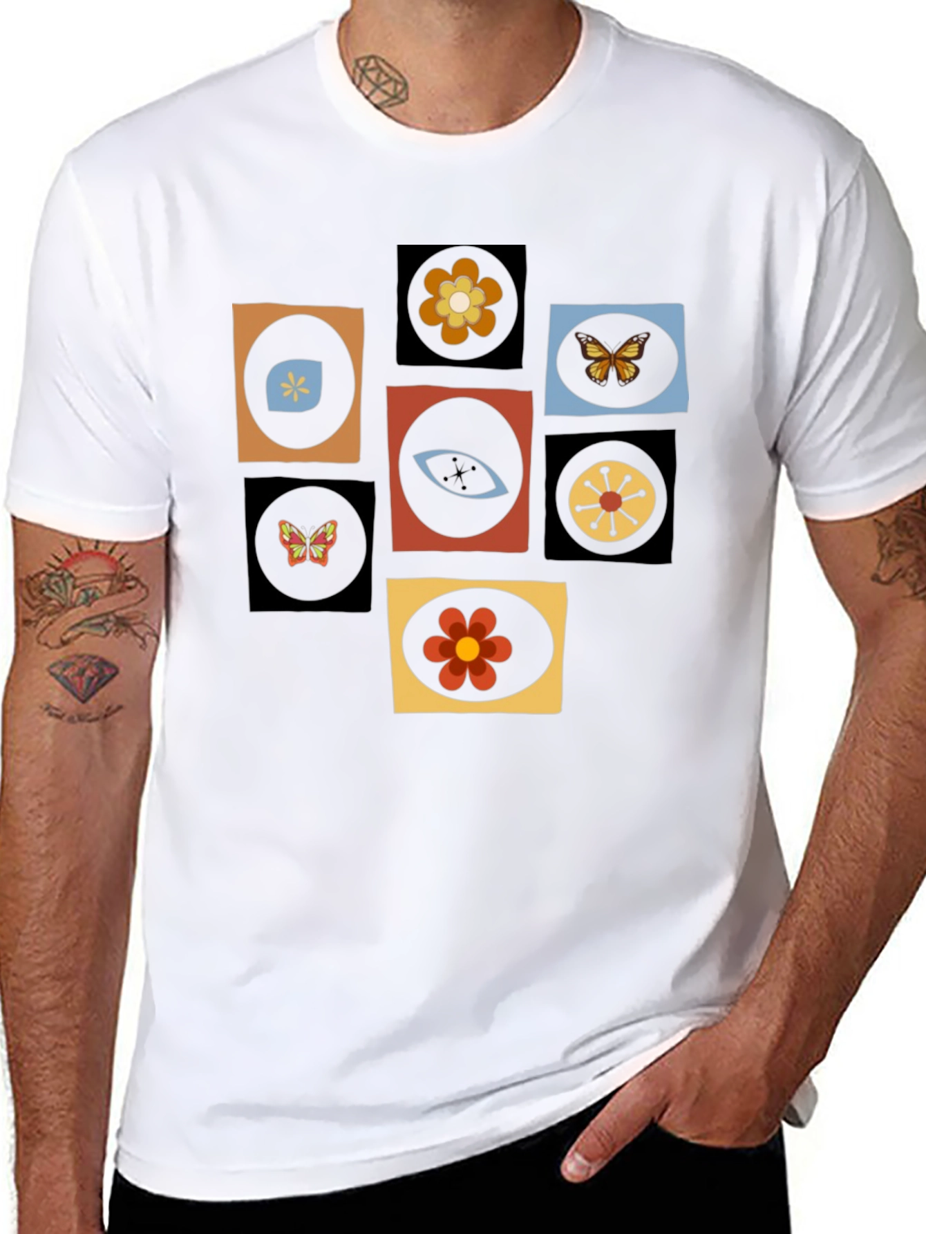Retro Graphic Tee - Eye & Flower Pattern