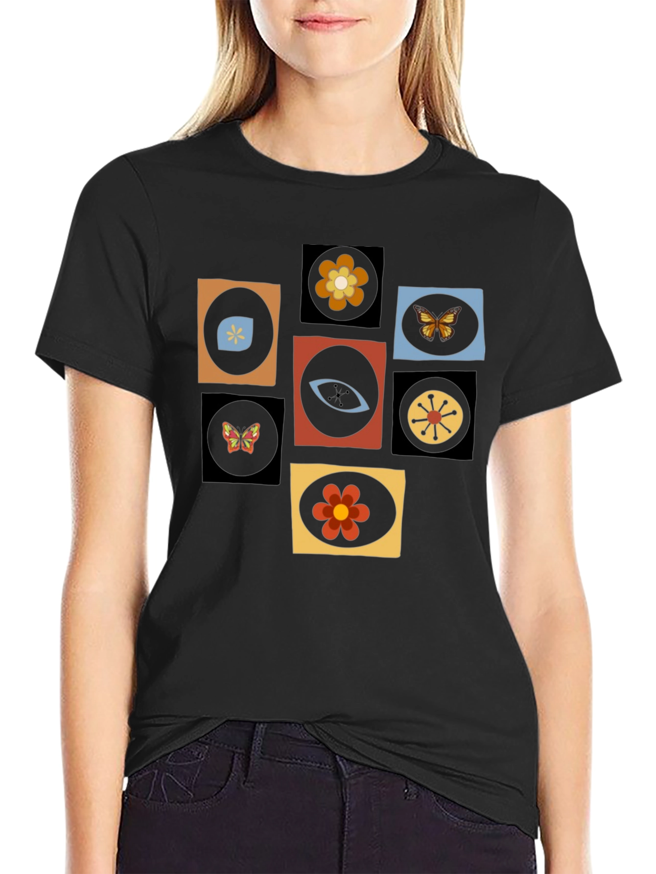 Retro Graphic Tee - Eye & Flower Pattern