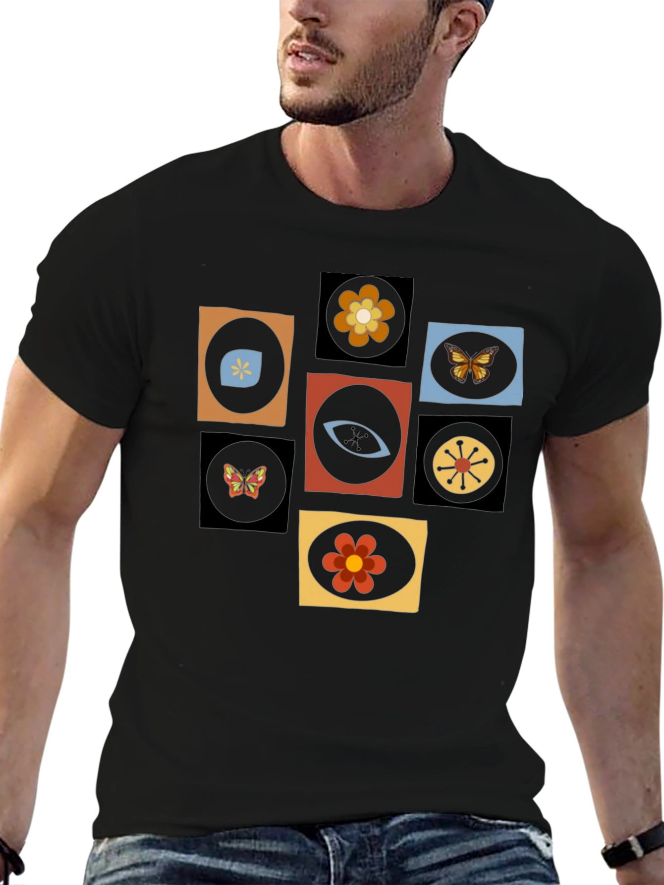 Retro Graphic Tee - Eye & Flower Pattern