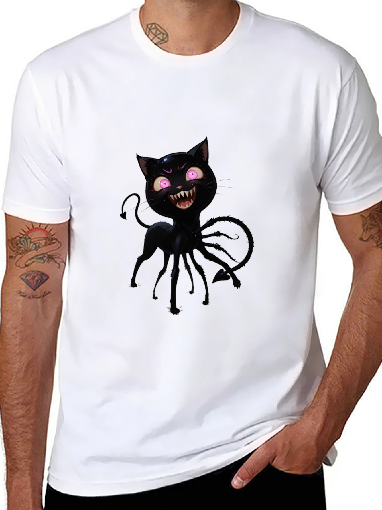 Mens Black Cartoon Cat Graphic T-Shirt
