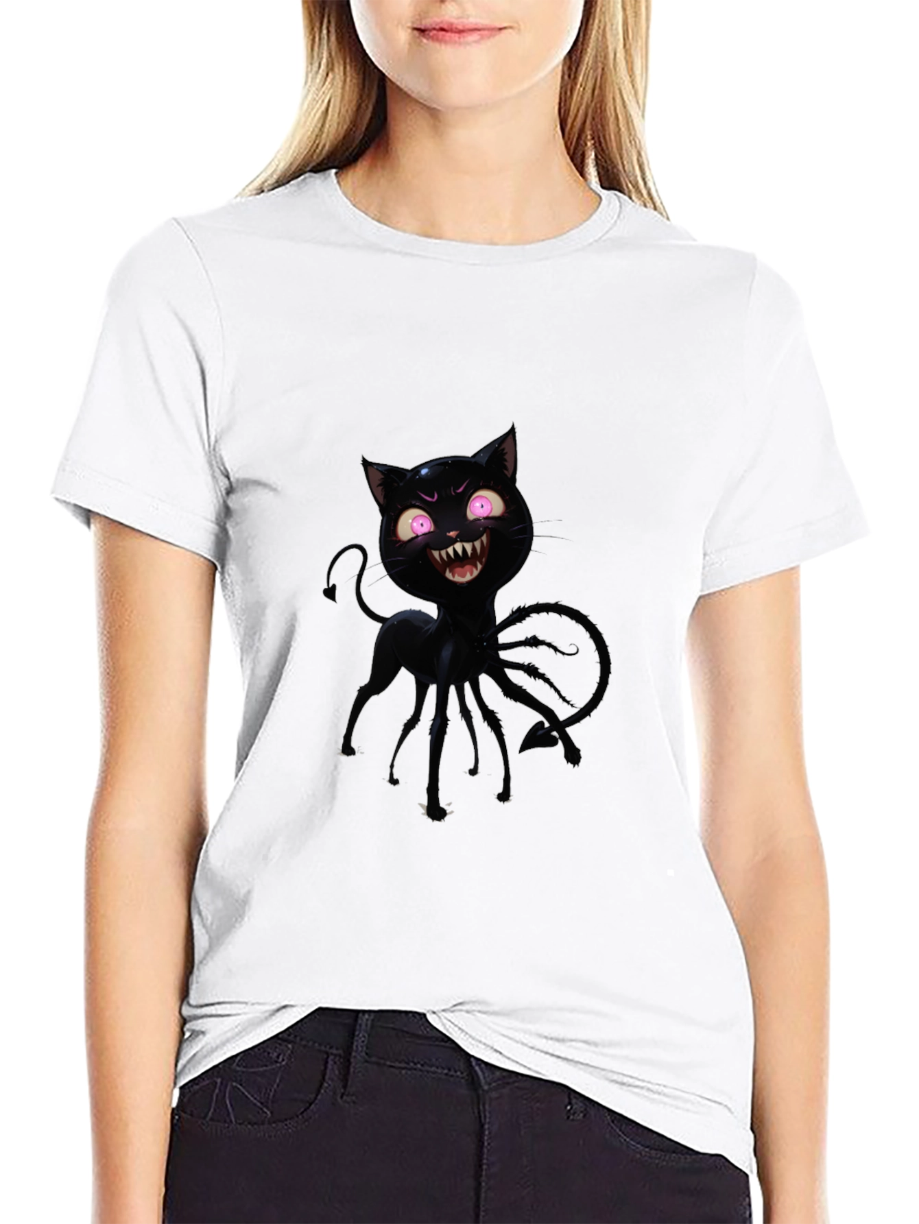 Mens Black Cartoon Cat Graphic T-Shirt