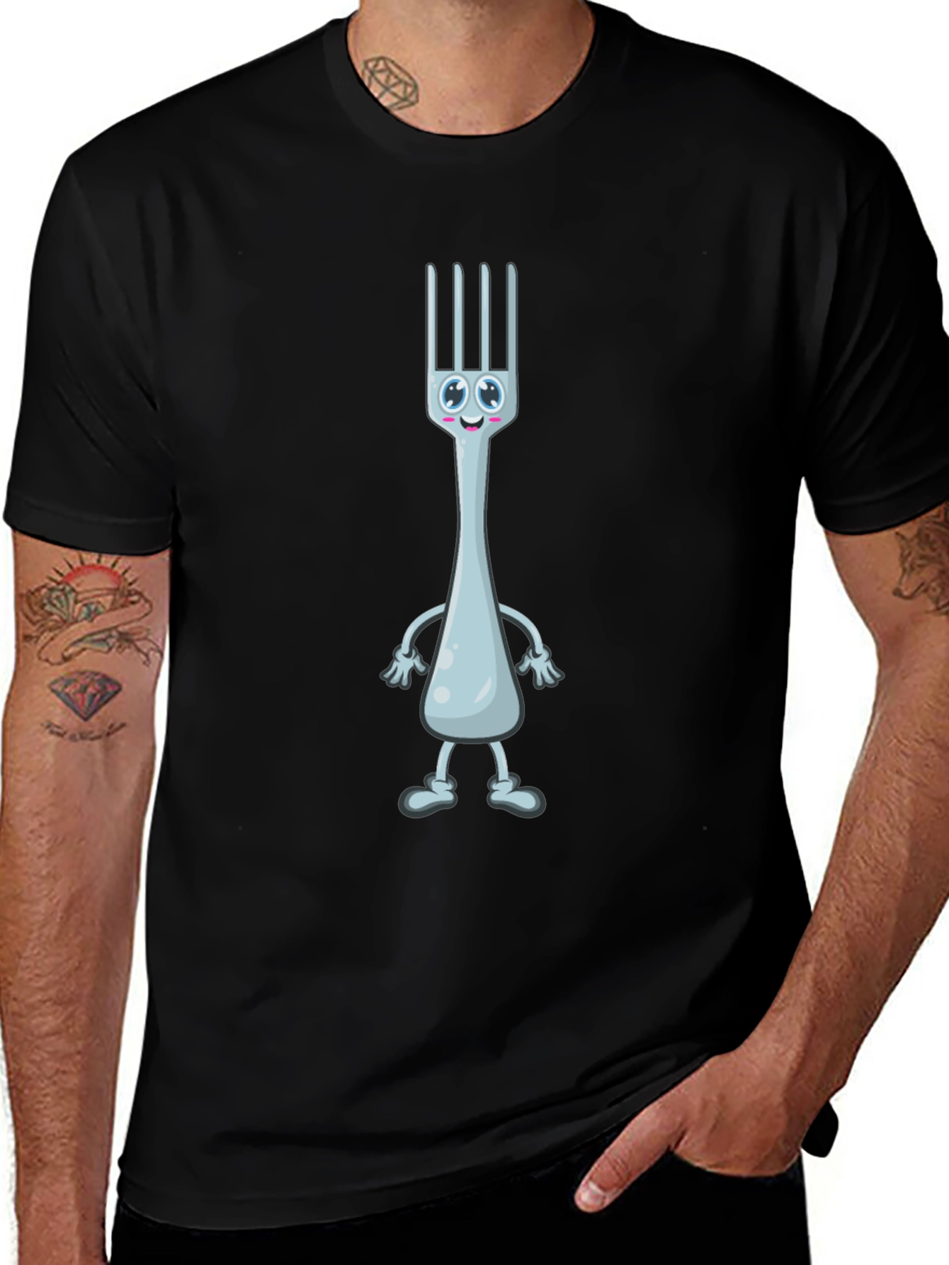 Funny Fork Cartoon Black T-Shirt