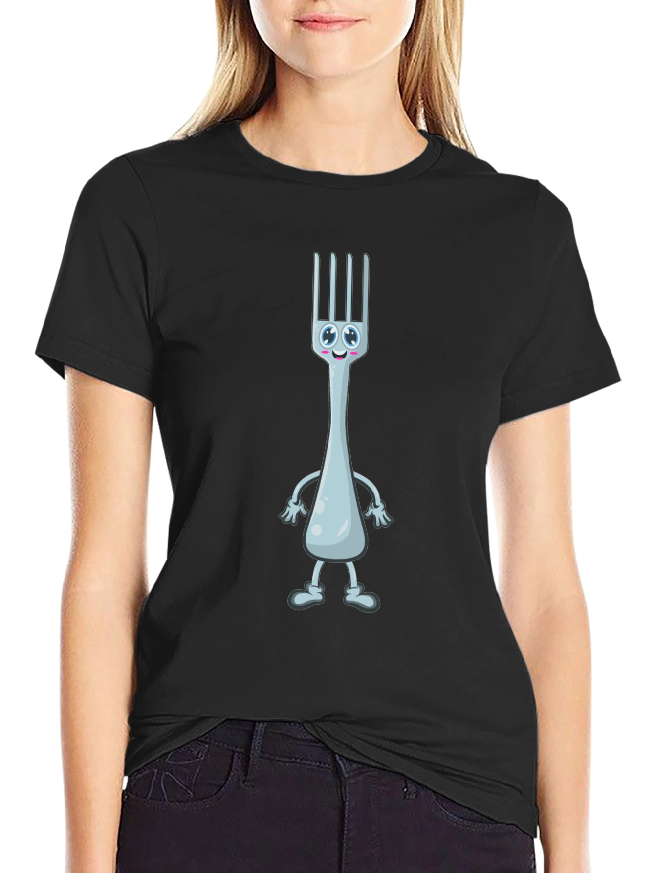 Funny Fork Cartoon Black T-Shirt