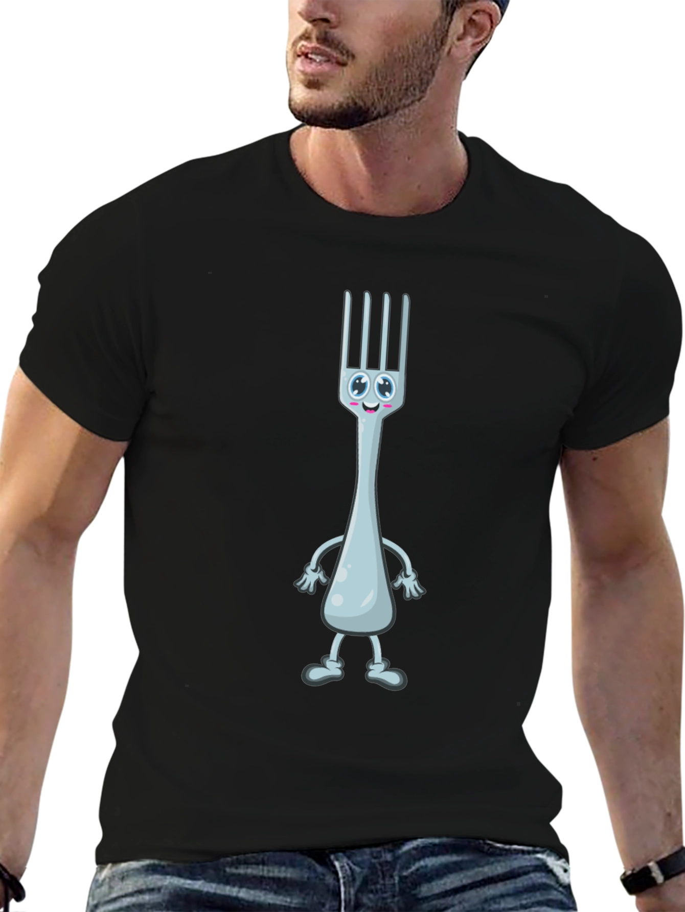 Funny Fork Cartoon Black T-Shirt