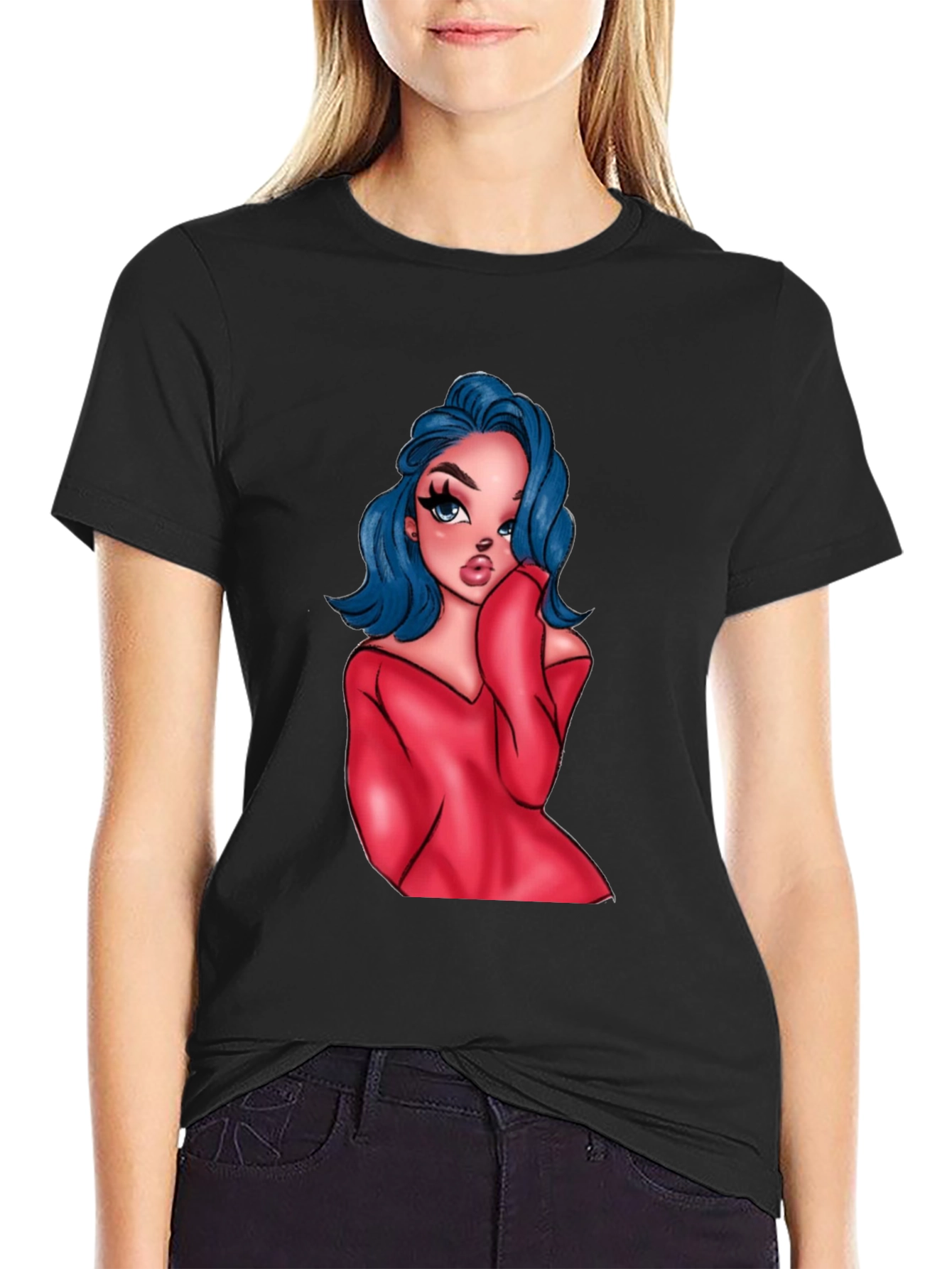 Cartoon Girl Graphic Black T-Shirt