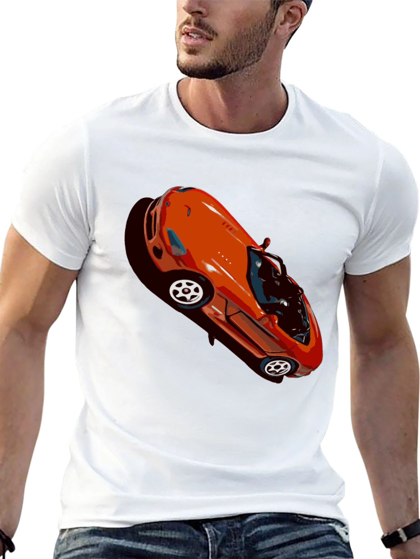 Retro Orange Sports Car Graphic Black T-Shirt