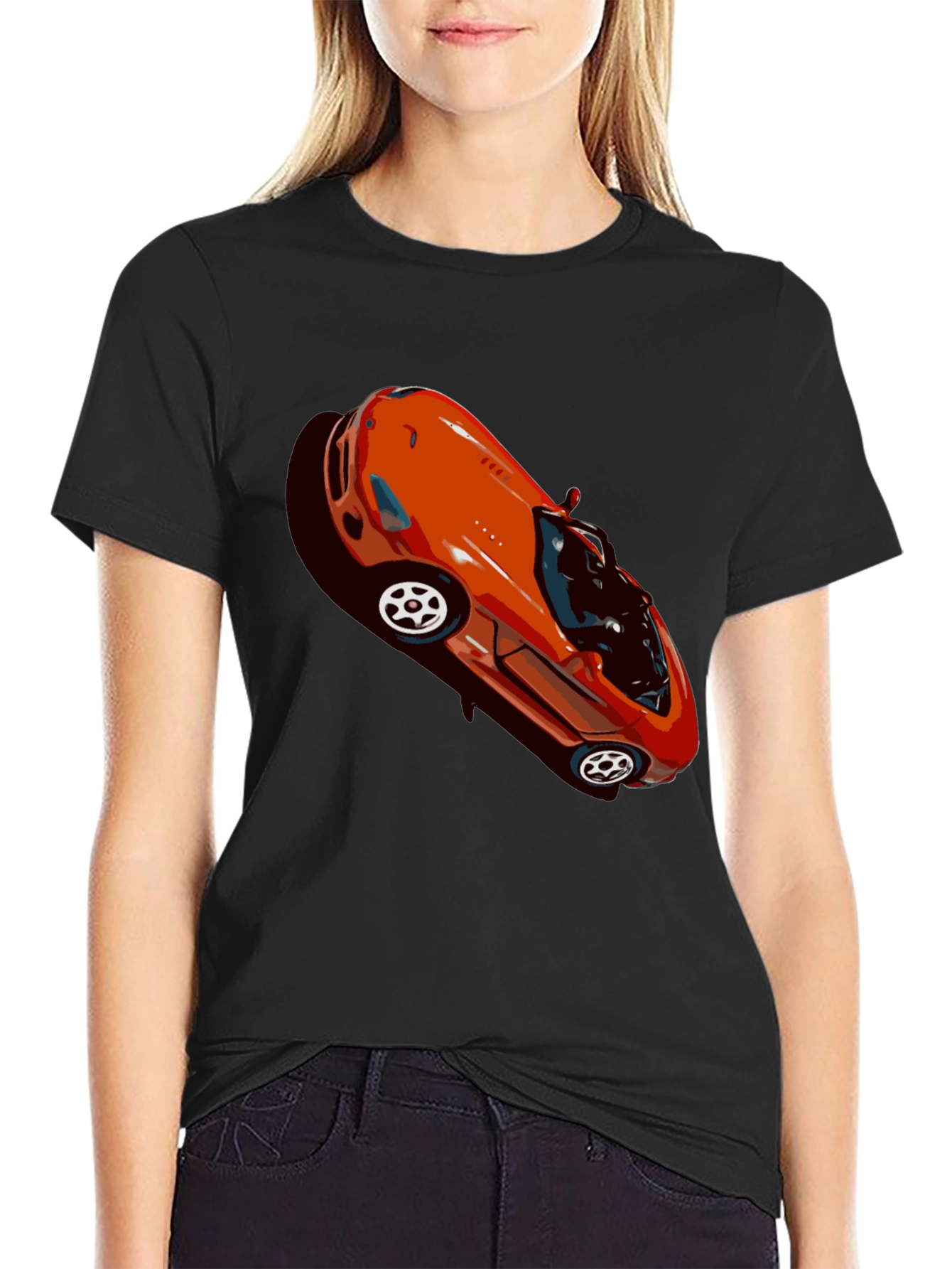 Retro Orange Sports Car Graphic Black T-Shirt