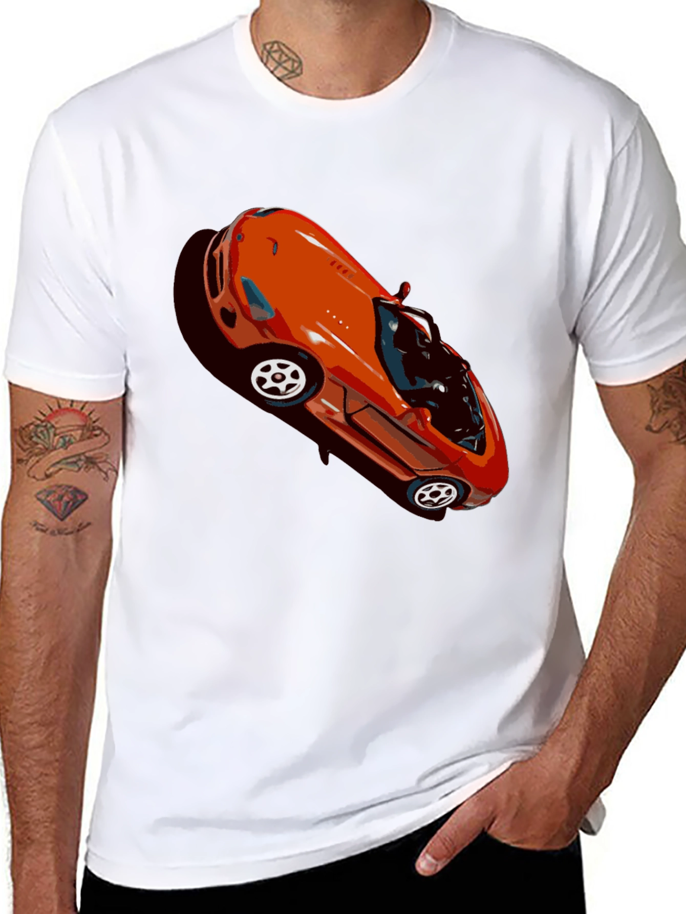 Retro Orange Sports Car Graphic Black T-Shirt