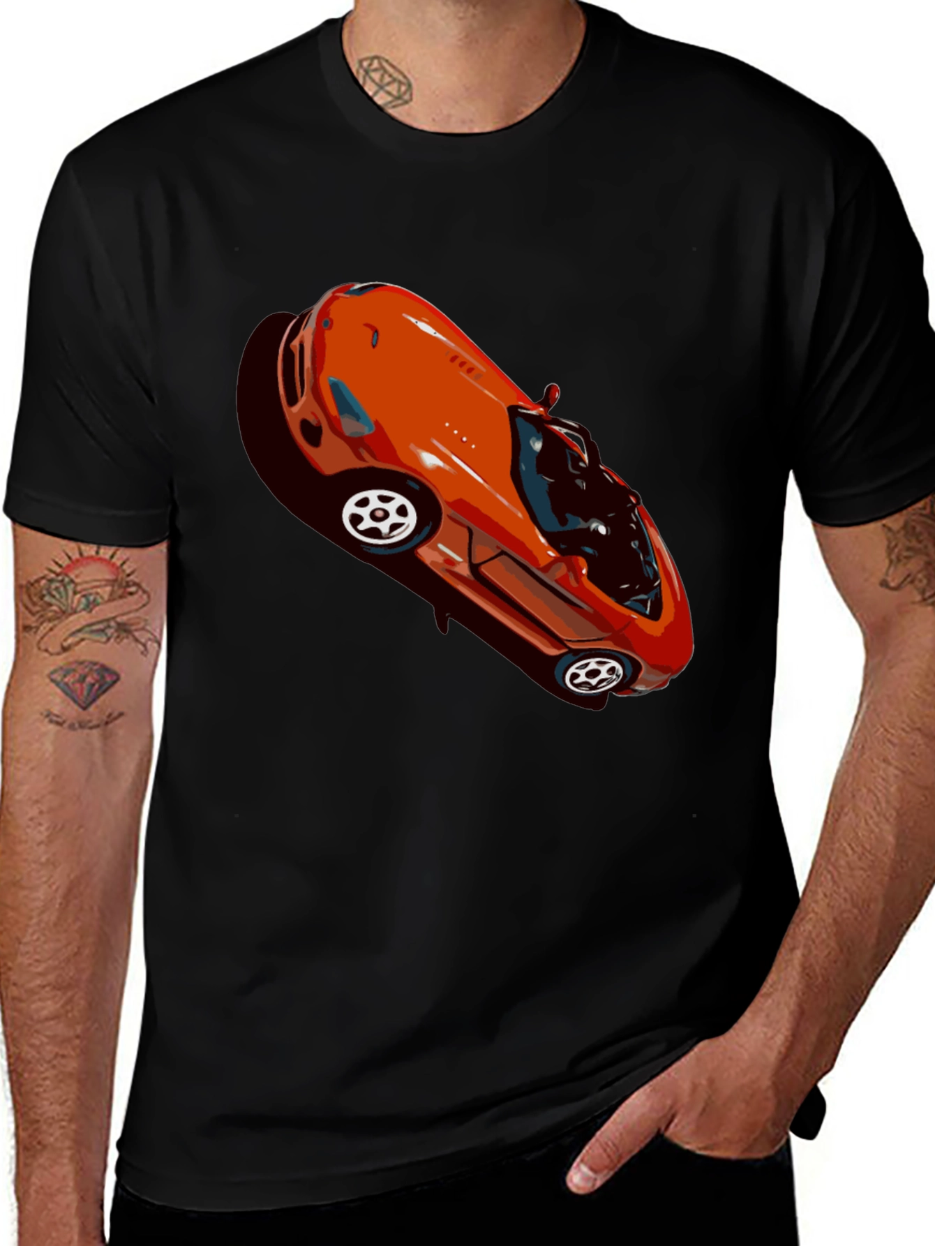 Retro Orange Sports Car Graphic Black T-Shirt