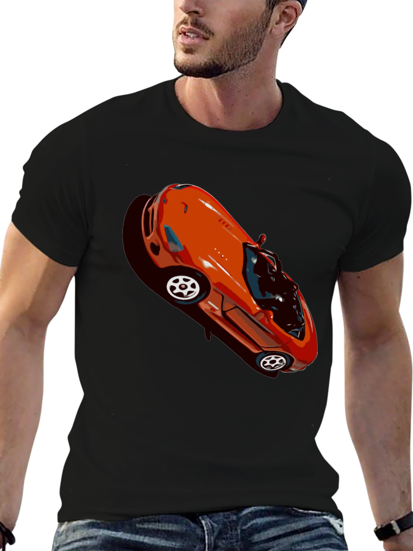 Retro Orange Sports Car Graphic Black T-Shirt
