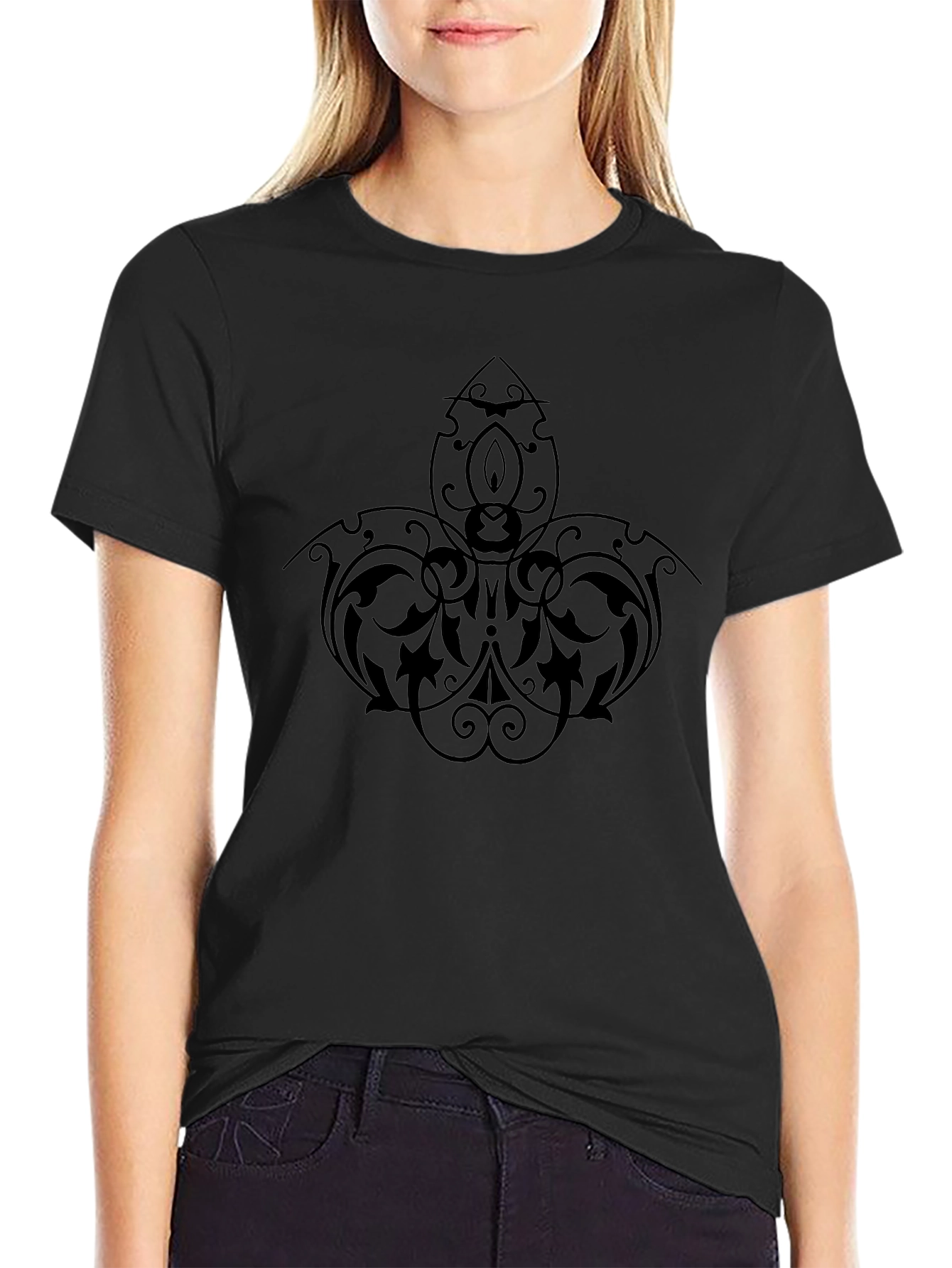 Elegant Black Tee with Intricate Floral Design