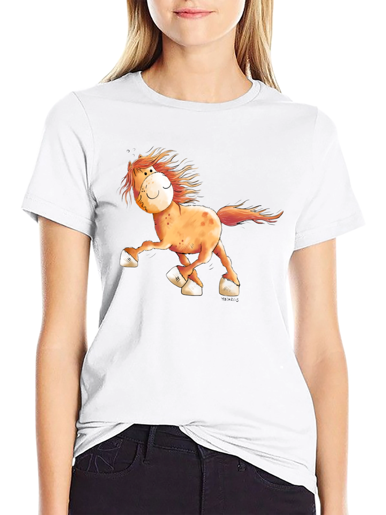 Cartoon Horse Graphic Tee - Black Cotton Shirt