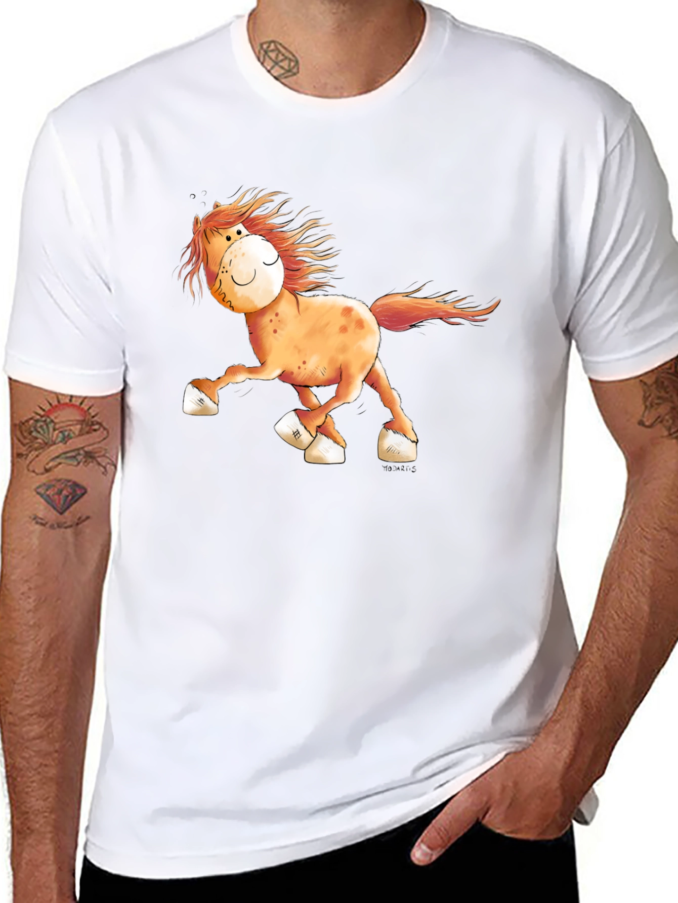 Cartoon Horse Graphic Tee - Black Cotton Shirt