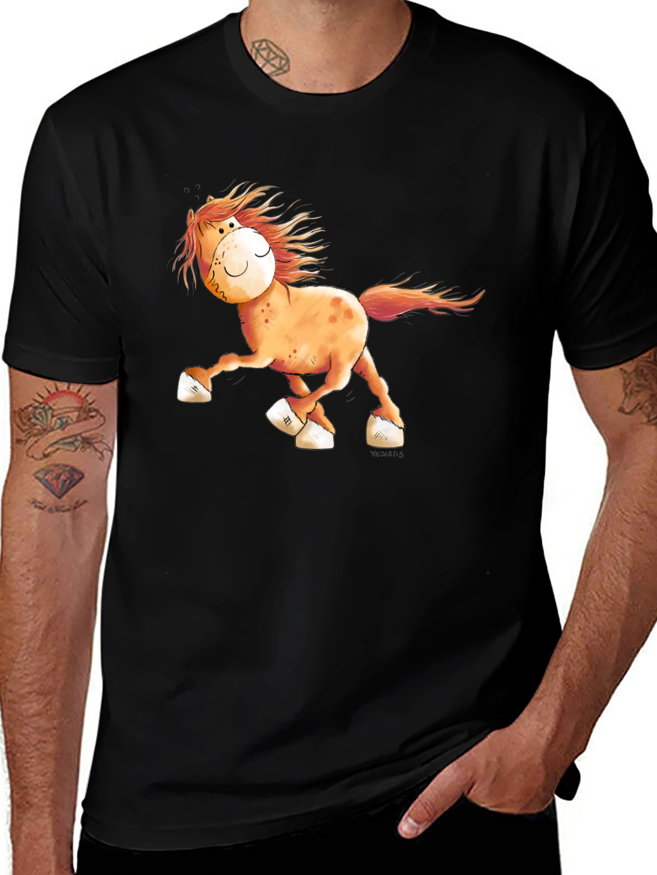 Cartoon Horse Graphic Tee - Black Cotton Shirt