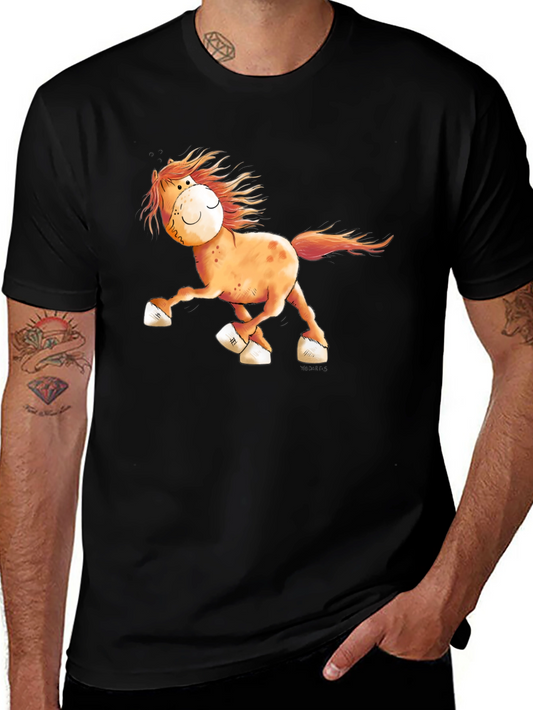 Cartoon Horse Graphic Tee - Black Cotton Shirt