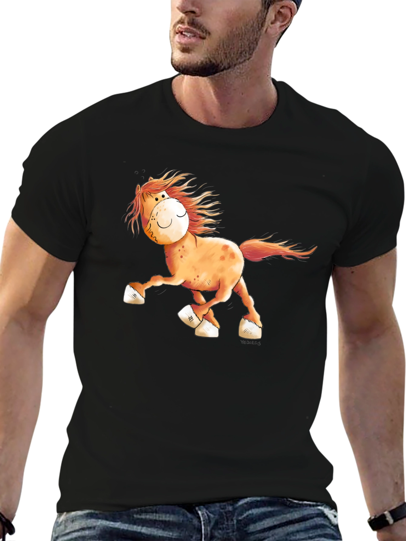 Cartoon Horse Graphic Tee - Black Cotton Shirt