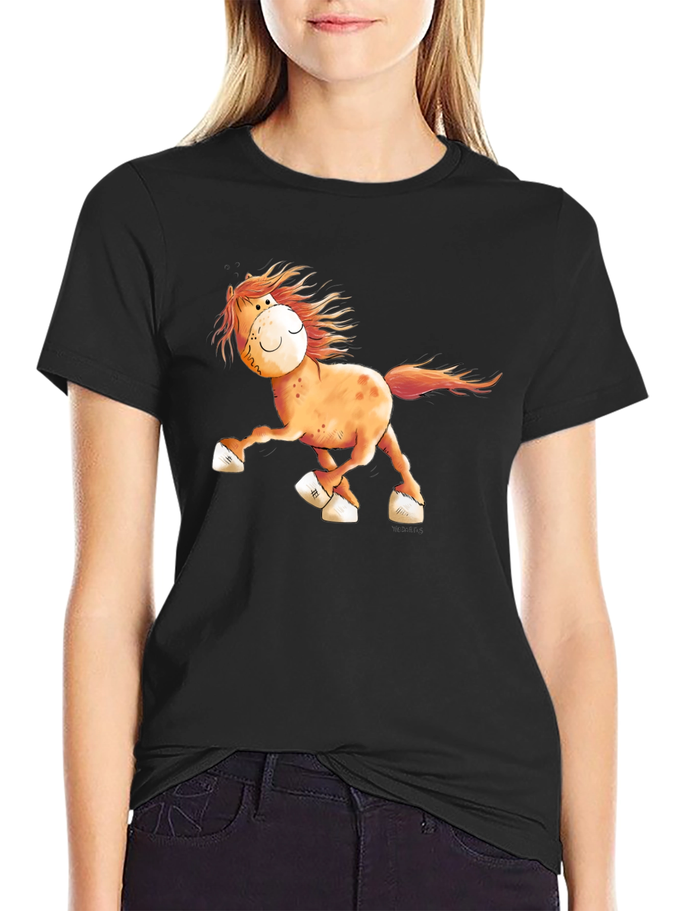 Cartoon Horse Graphic Tee - Black Cotton Shirt