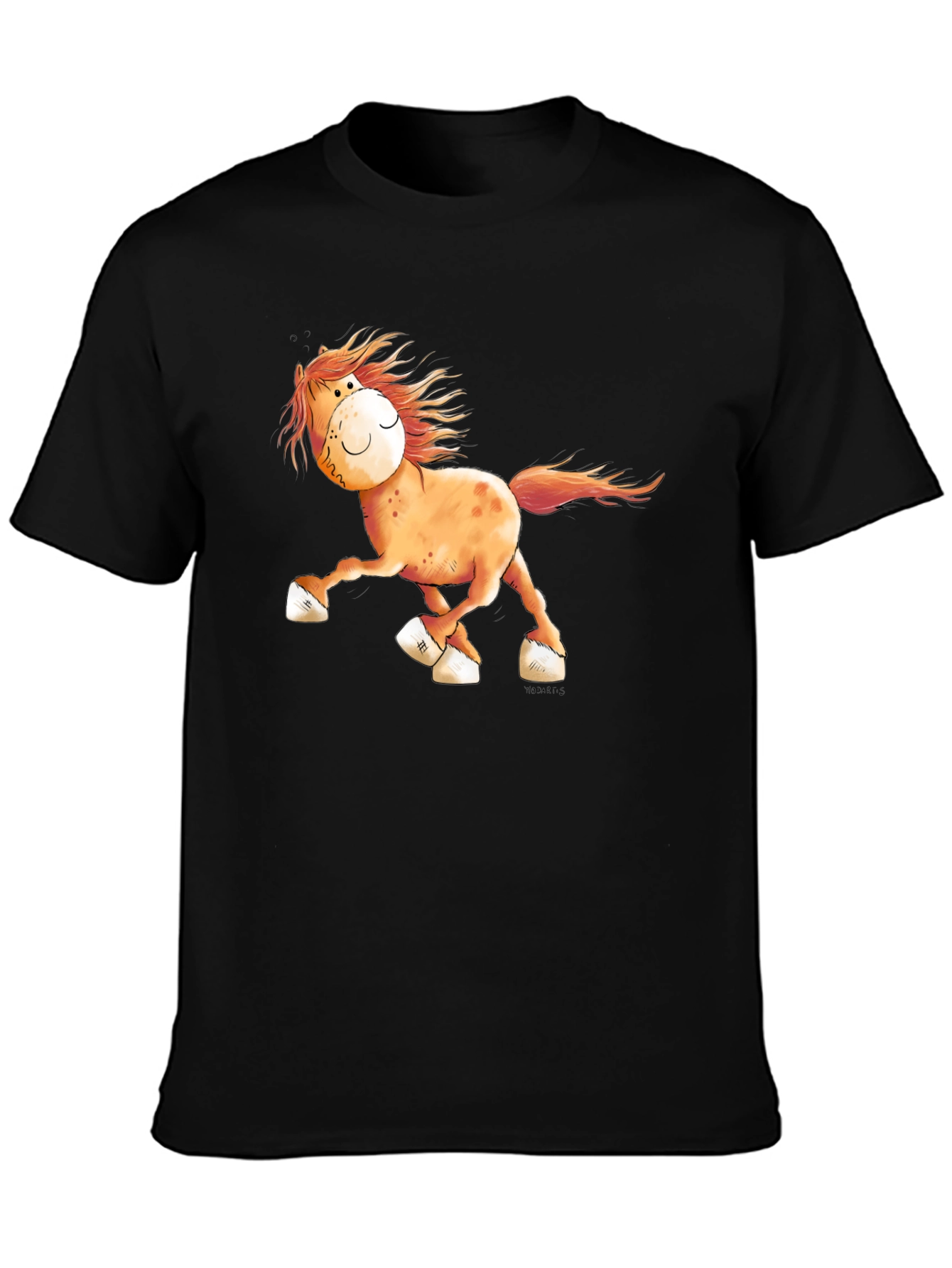 Cartoon Horse Graphic Tee - Black Cotton Shirt
