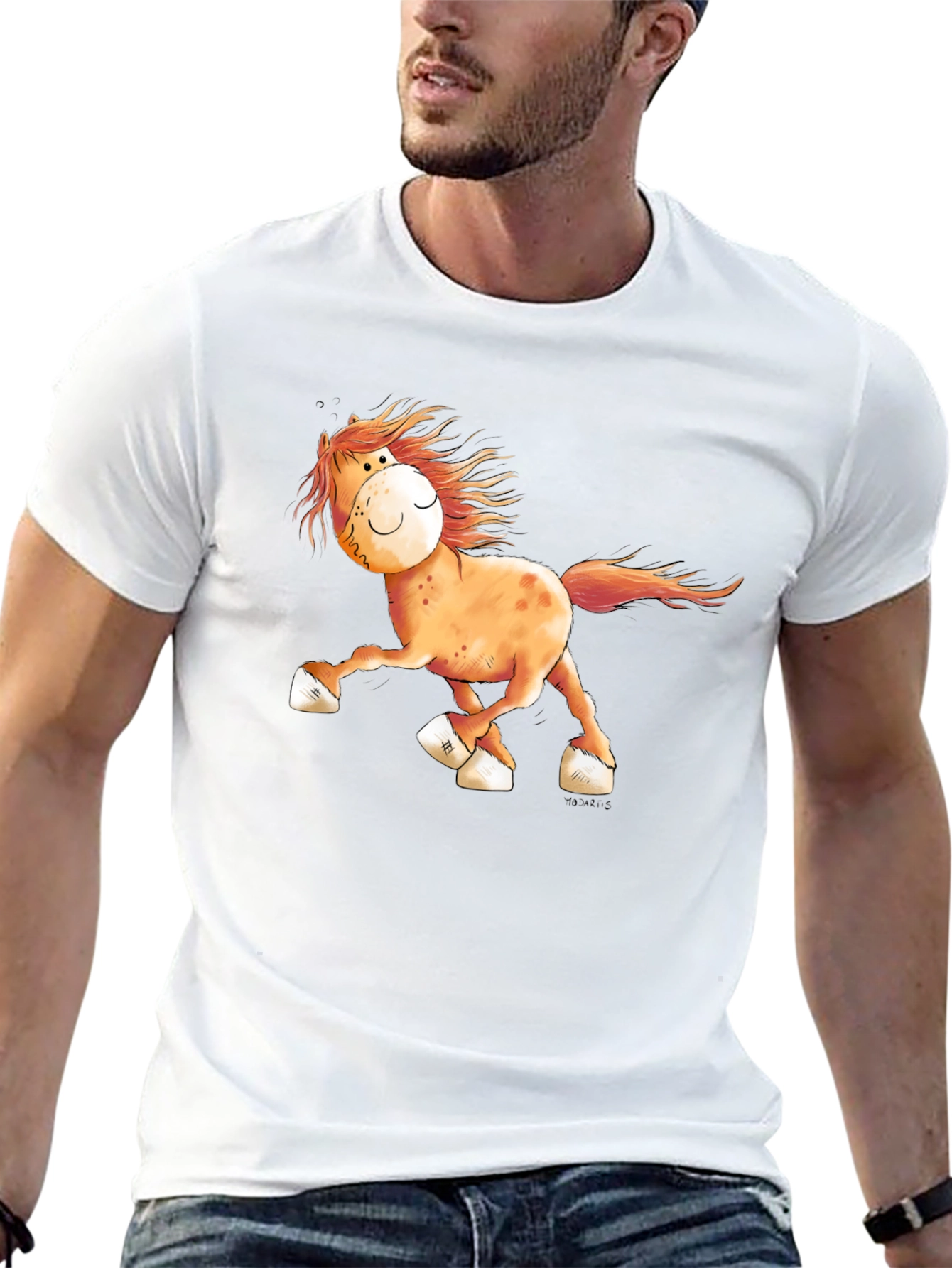 Cartoon Horse Graphic Tee - Black Cotton Shirt