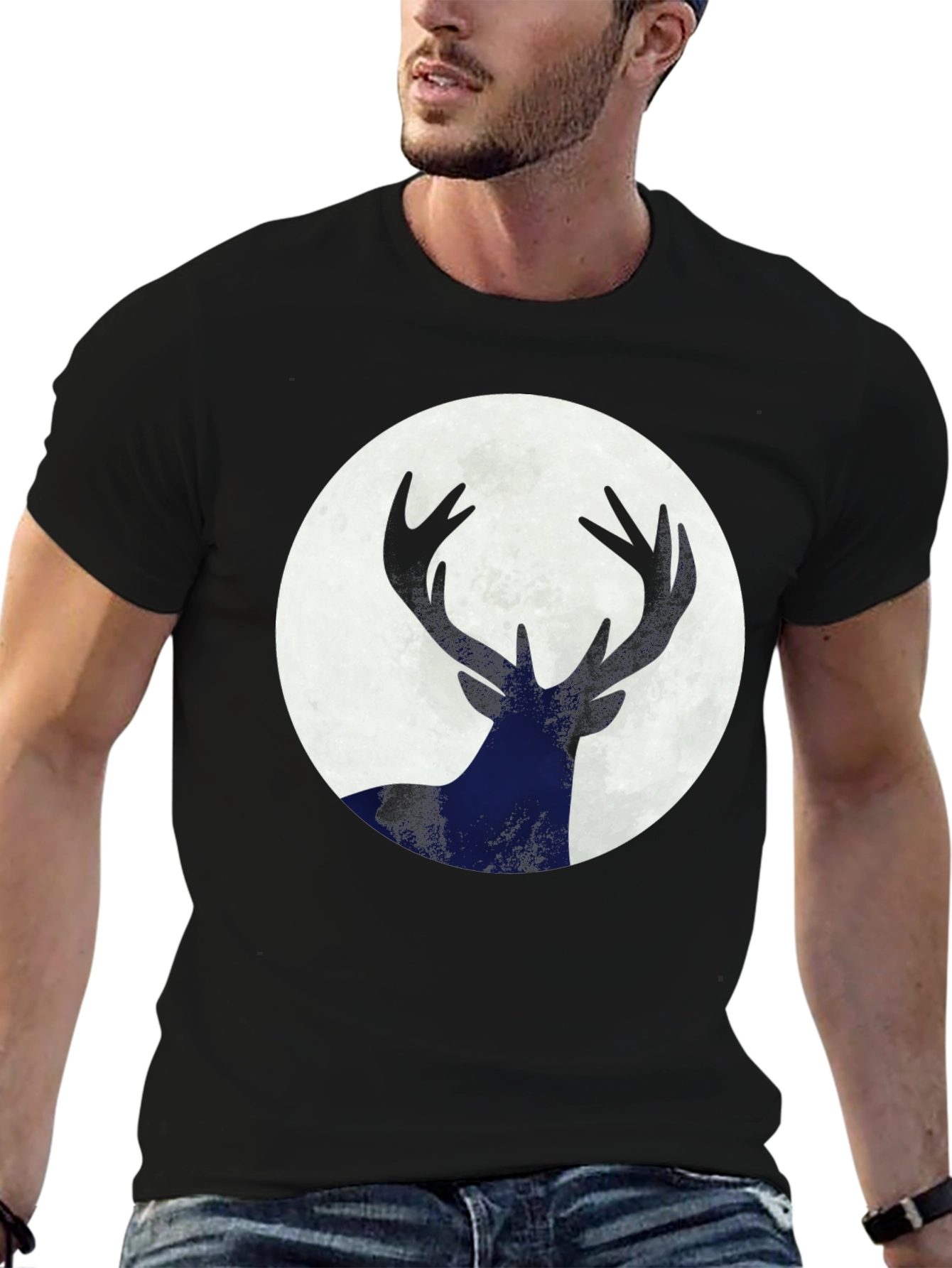 Deer Silhouette Moon Graphic Tee - Black