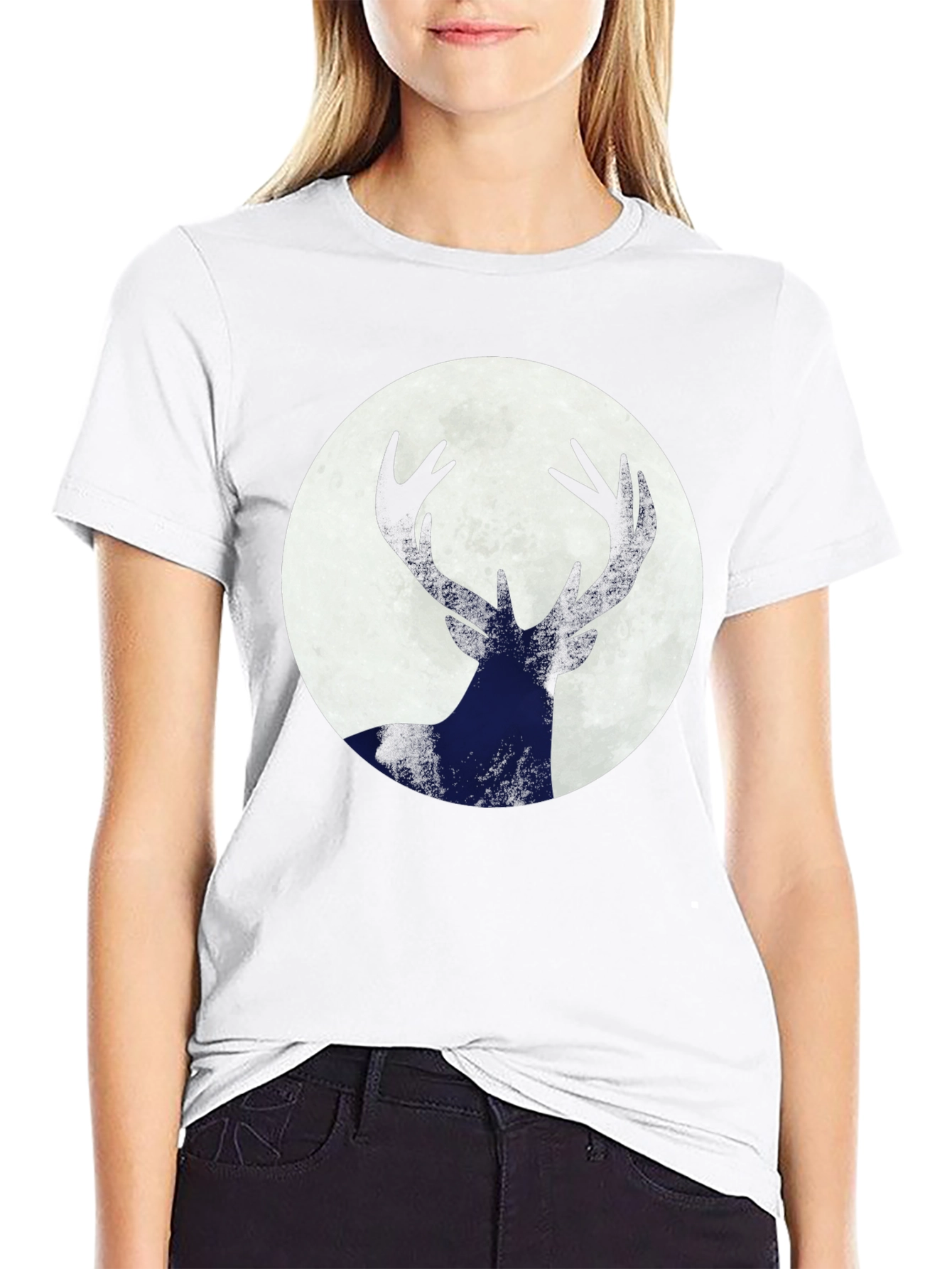 Deer Silhouette Moon Graphic Tee - Black