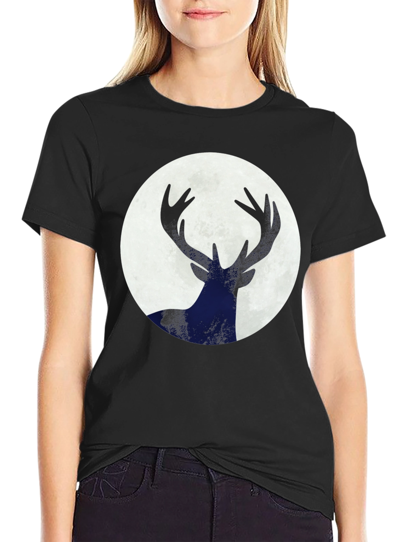 Deer Silhouette Moon Graphic Tee - Black