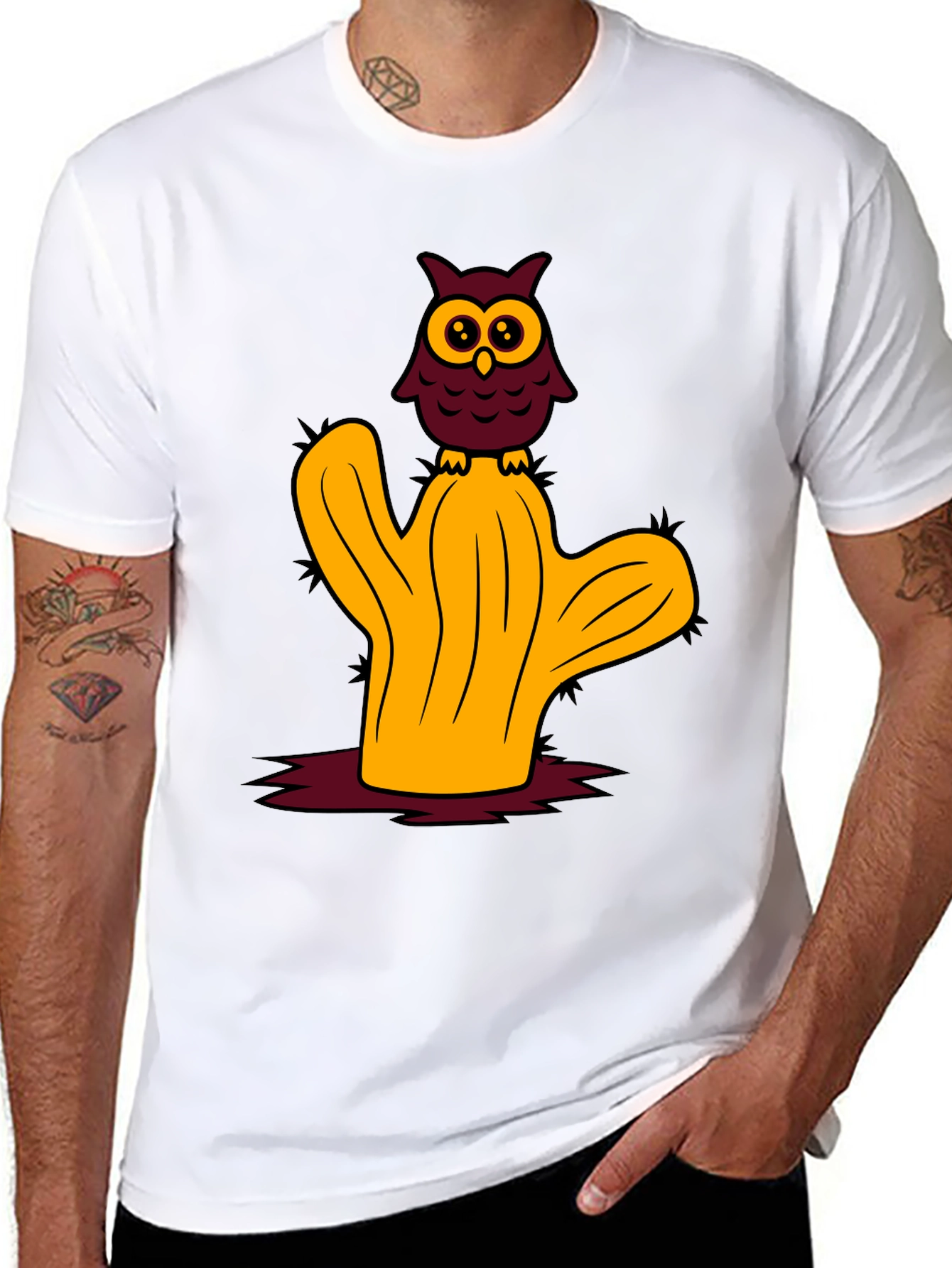 Owl on Cactus Graphic Tee - Soft Cotton Blend