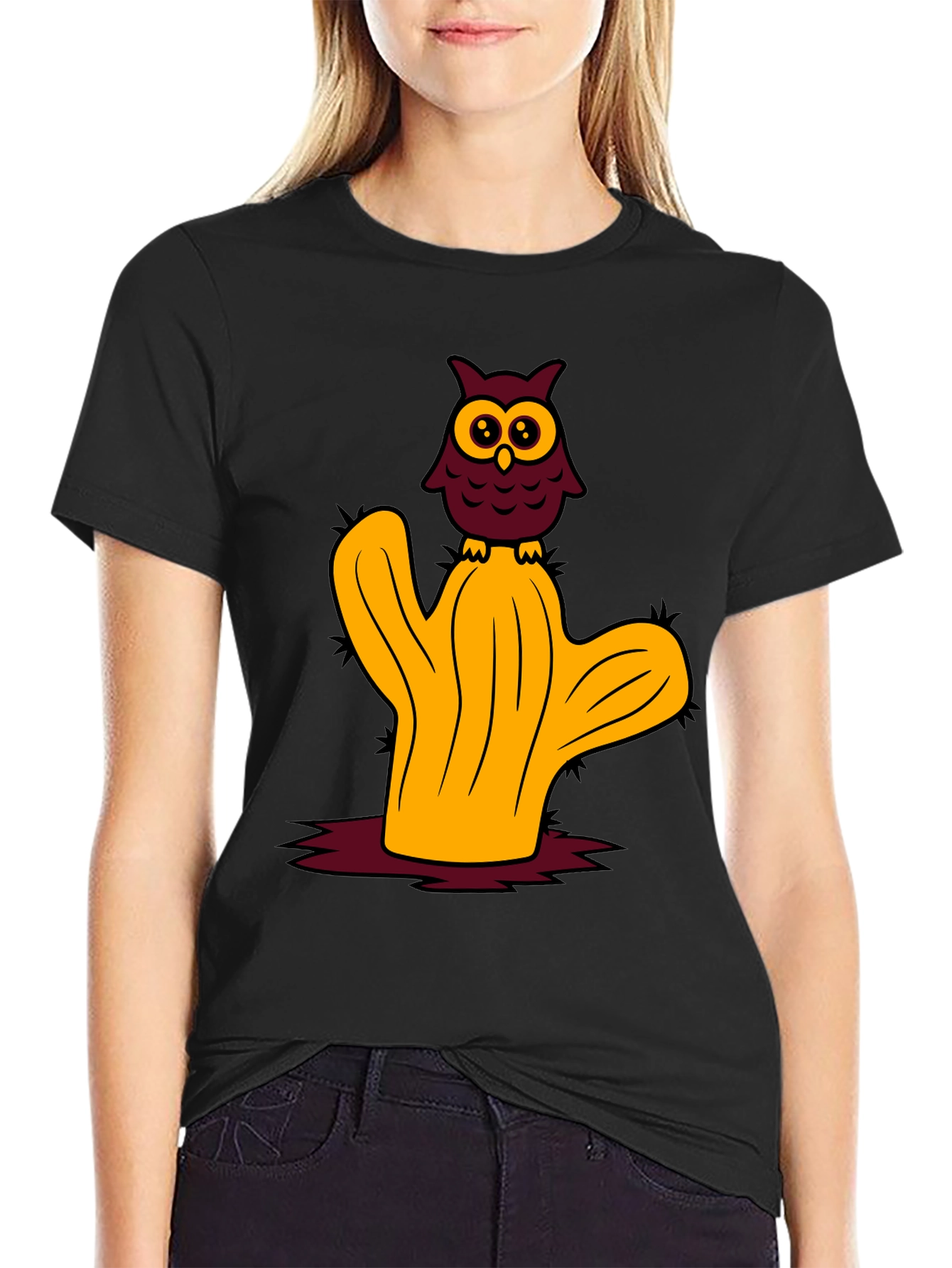 Owl on Cactus Graphic Tee - Soft Cotton Blend
