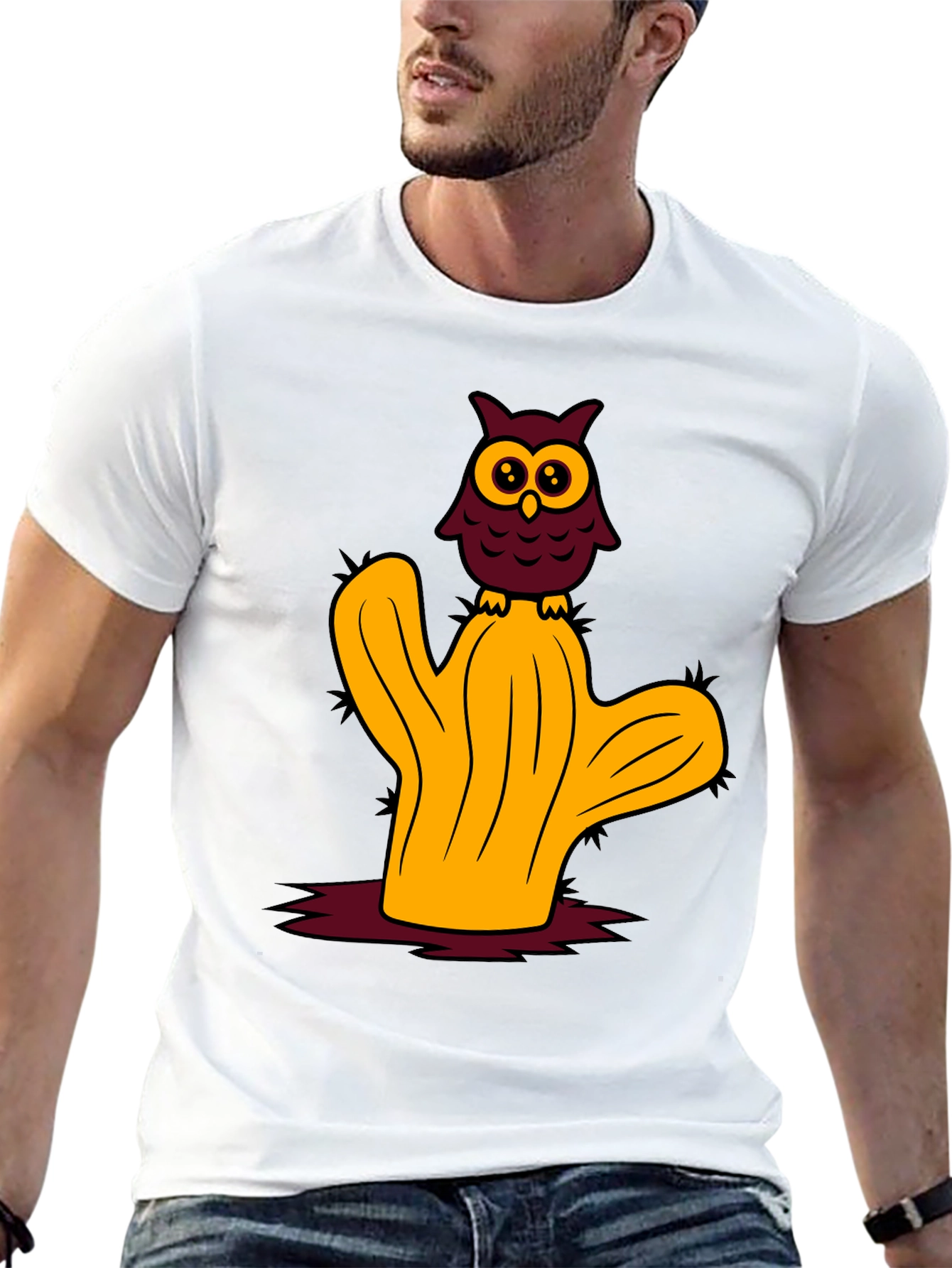 Owl on Cactus Graphic Tee - Soft Cotton Blend