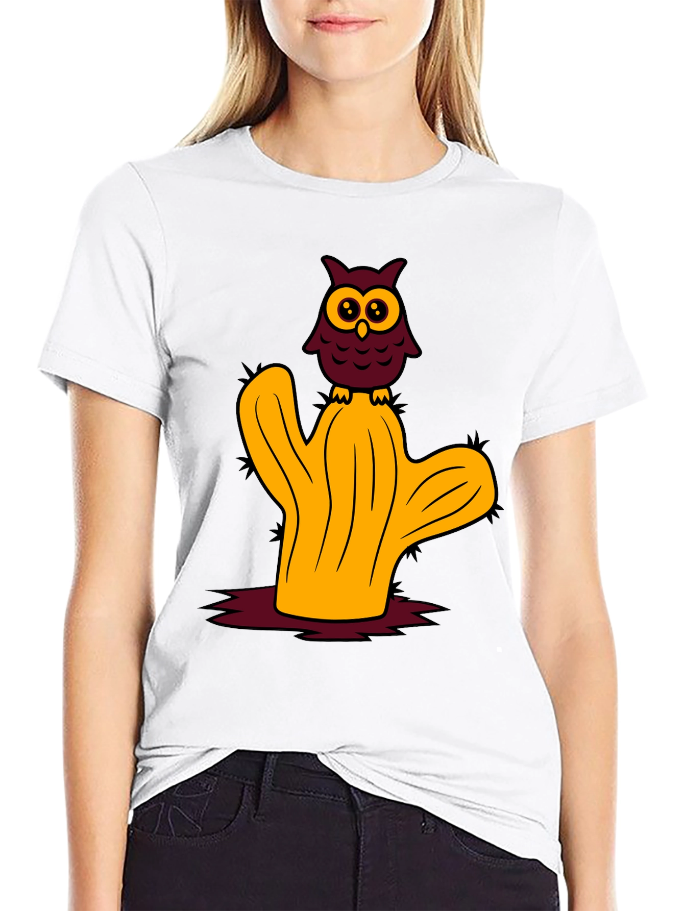 Owl on Cactus Graphic Tee - Soft Cotton Blend