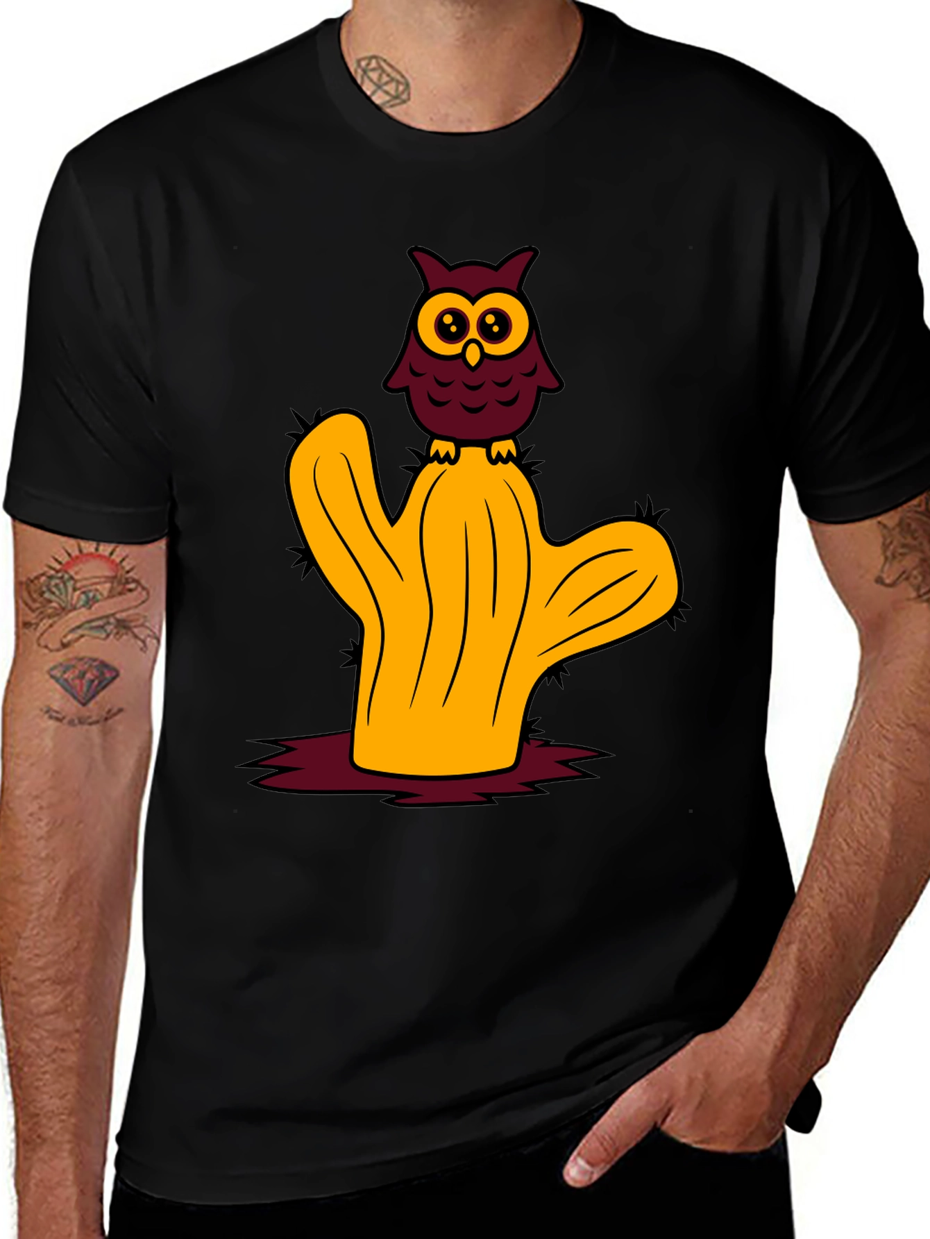 Owl on Cactus Graphic Tee - Soft Cotton Blend