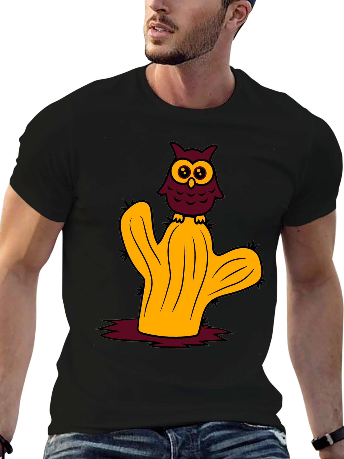 Owl on Cactus Graphic Tee - Soft Cotton Blend