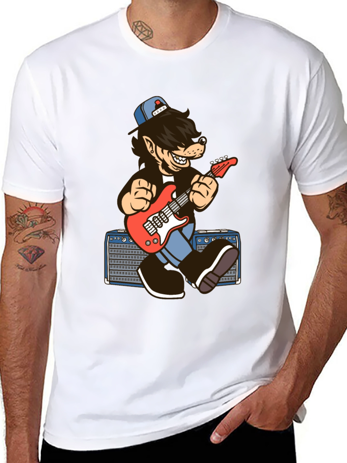 Cool Cartoon Wolf Guitarist T-Shirt